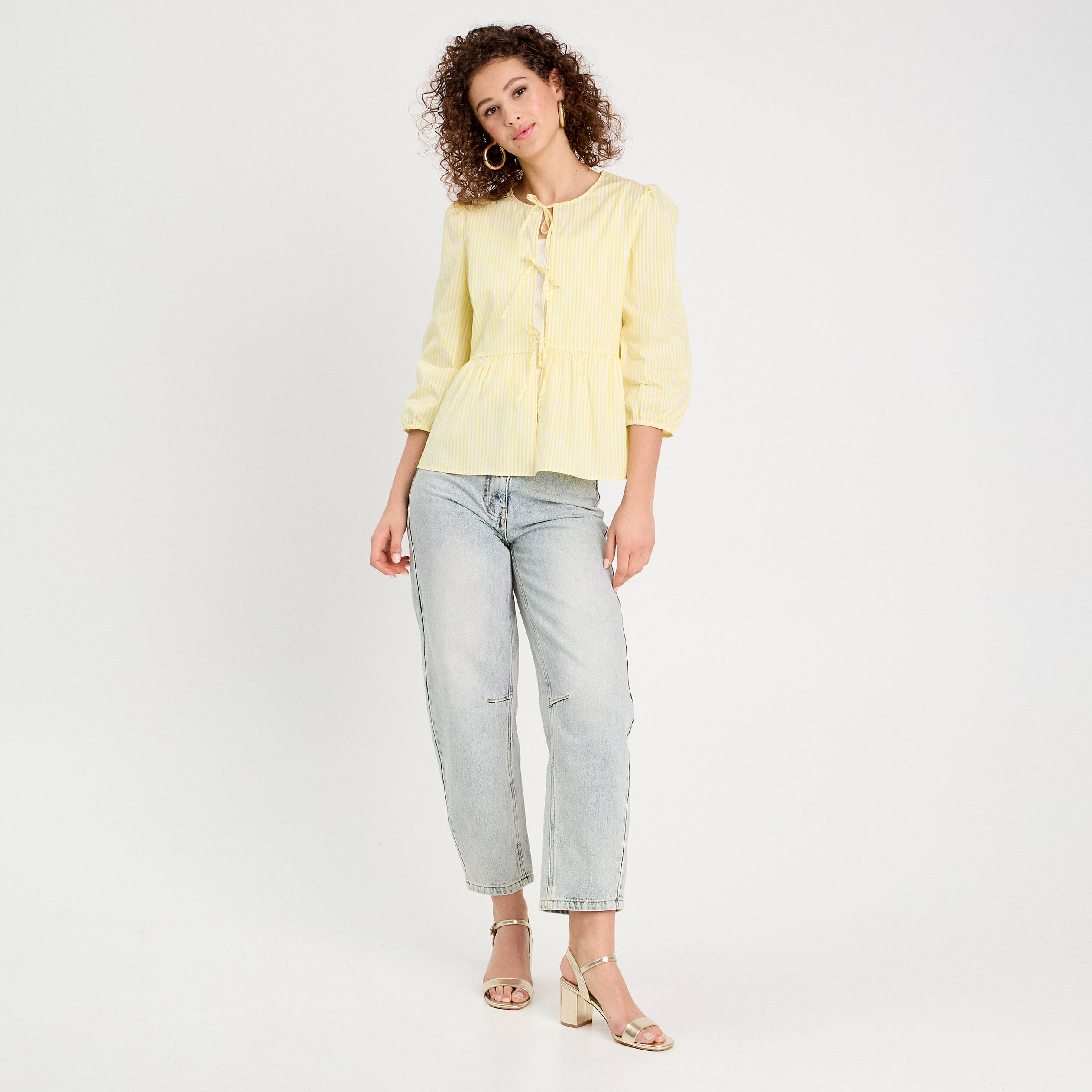 Blouse manches 3/4 nouée jaune moutarde femme