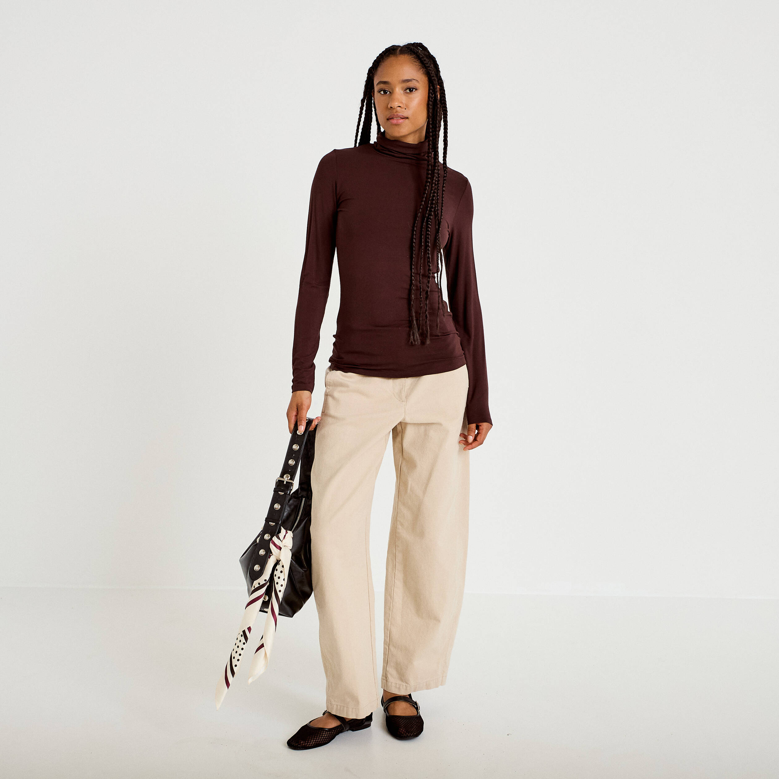 T-shirt uni &agrave; manches longues marron fonc&eacute; femme