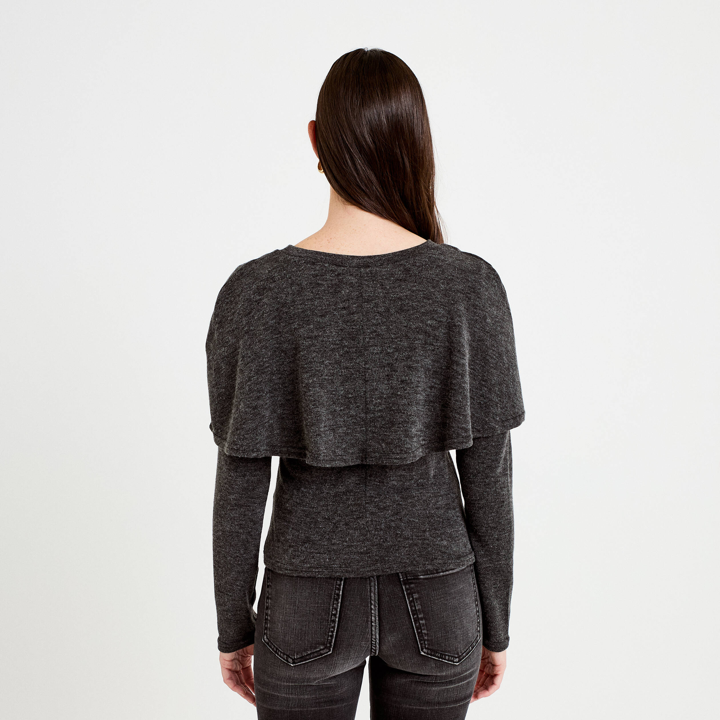 Pull cape col rond manches longues gris fonc&eacute; femme