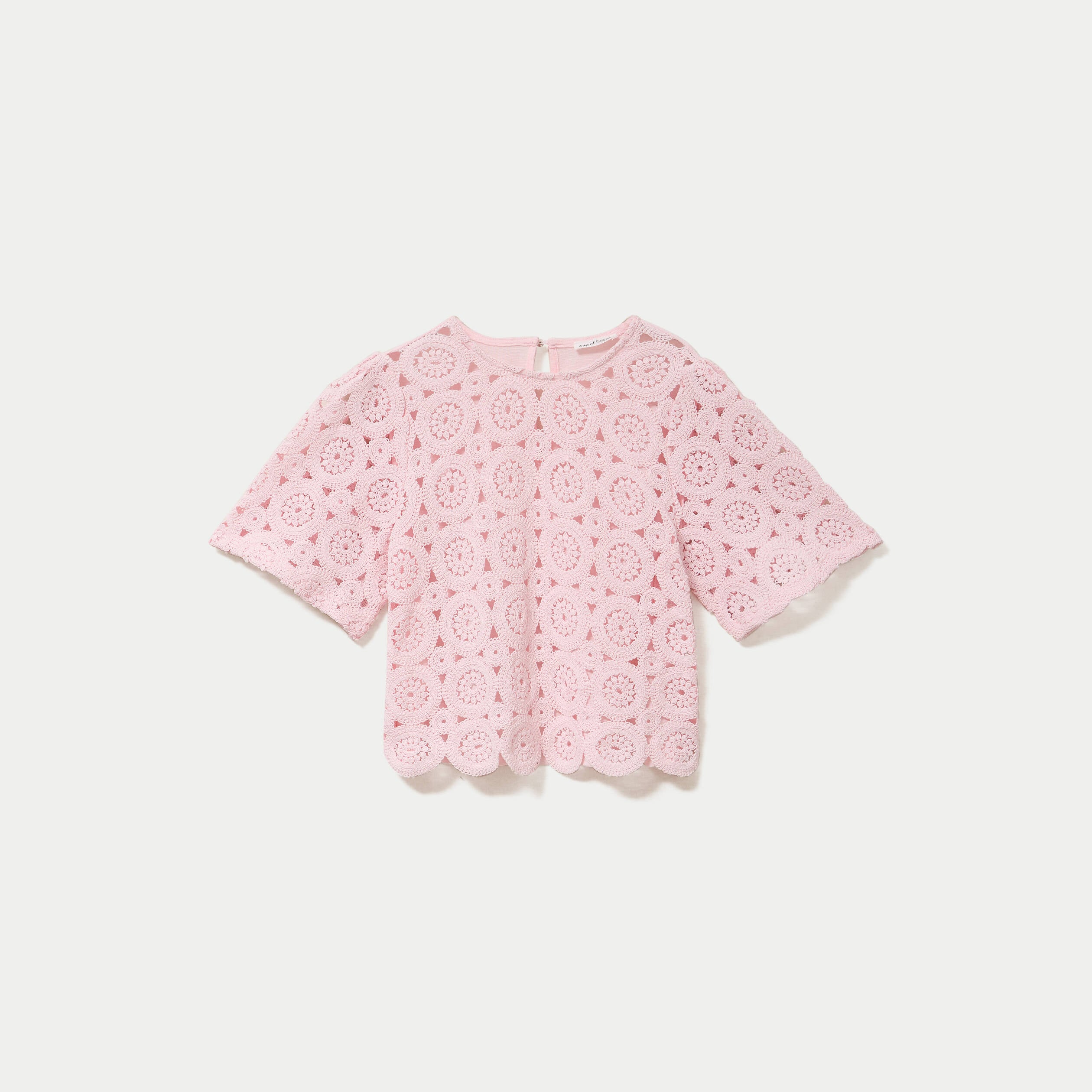 T-shirt macram&eacute; col rond rose clair femme