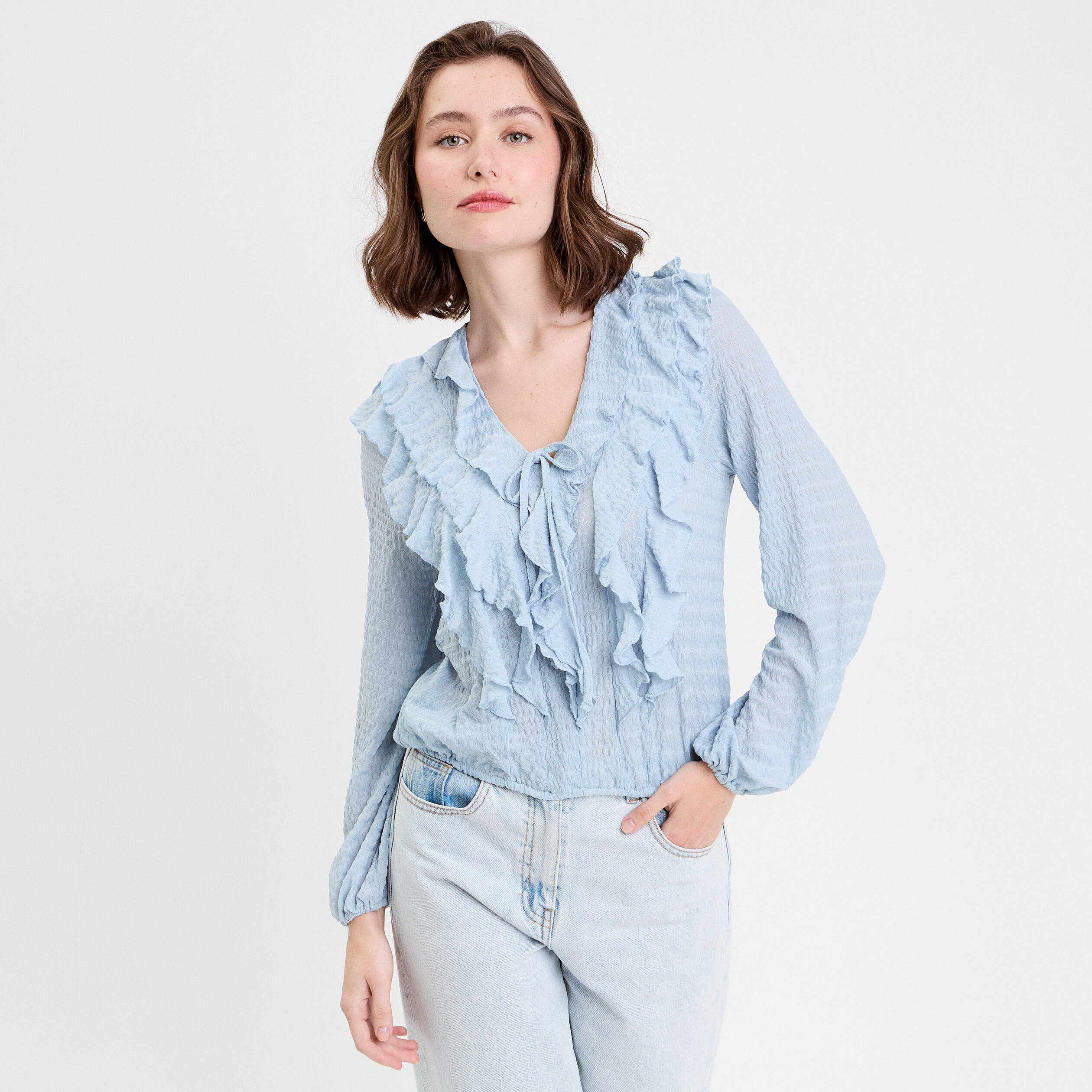 blouse manches longues aspect dentelle bleu clair femme Blouse manches longues aspect dentelle bleu clair femme