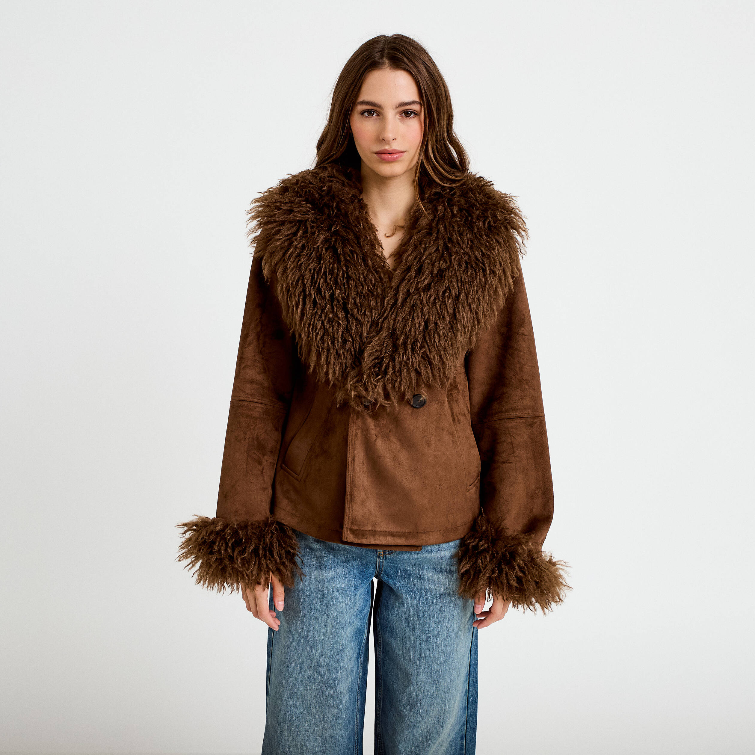 Manteau droit manches longues marron femme