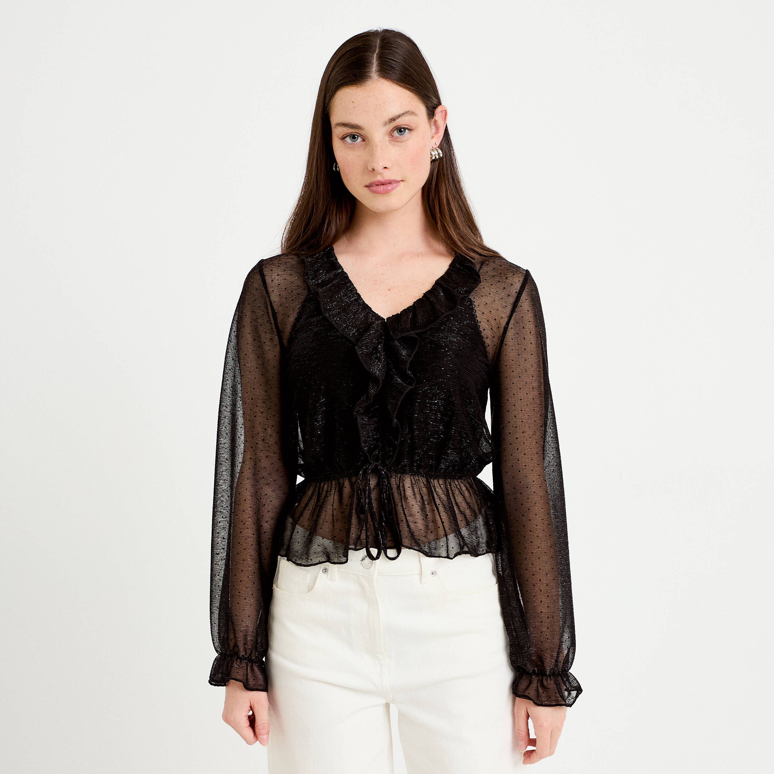 Blouse d&eacute;collet&eacute; manches longues gris argent femme