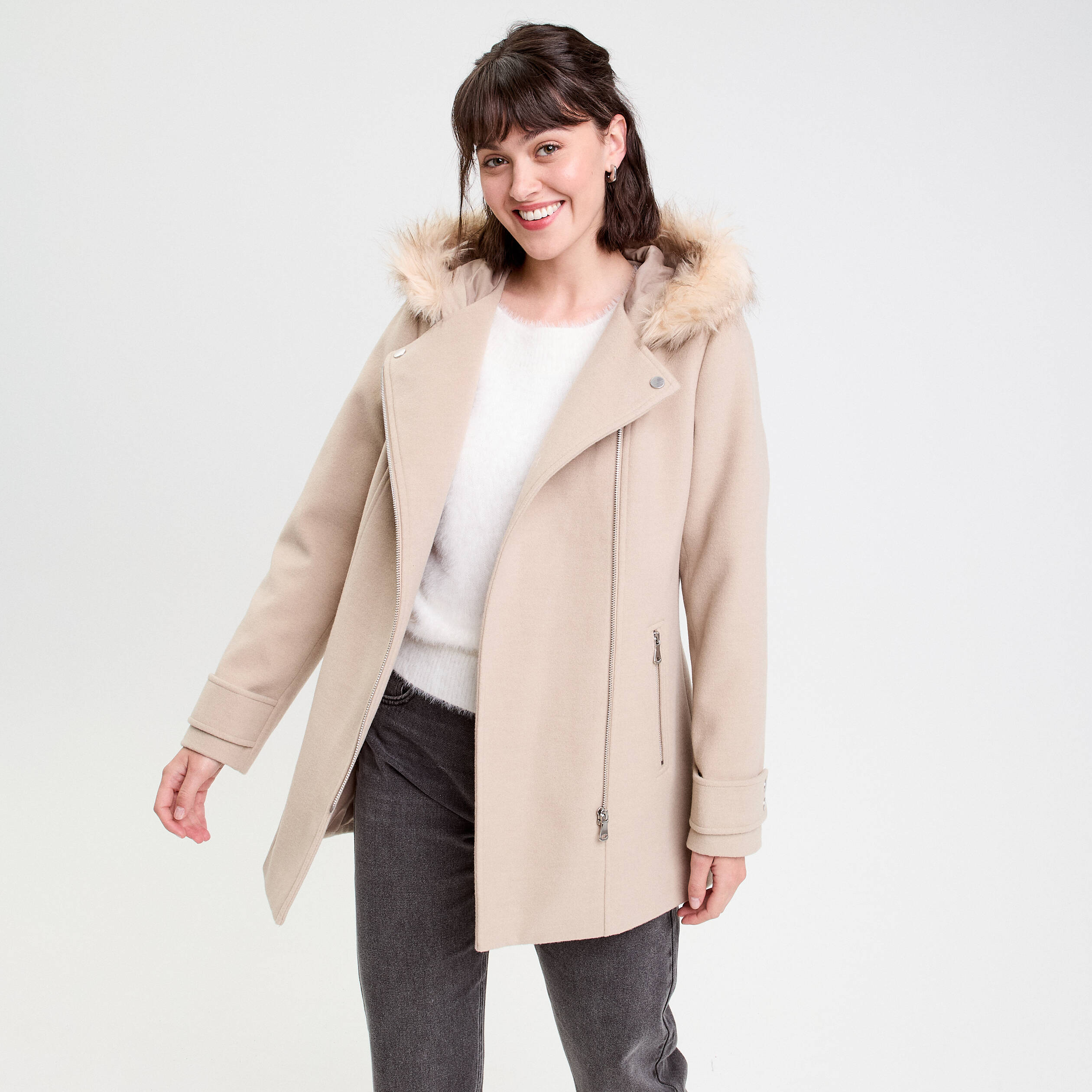 Parka Beige Parka Femme Capuche Fourrure Manteau Droit Avec
