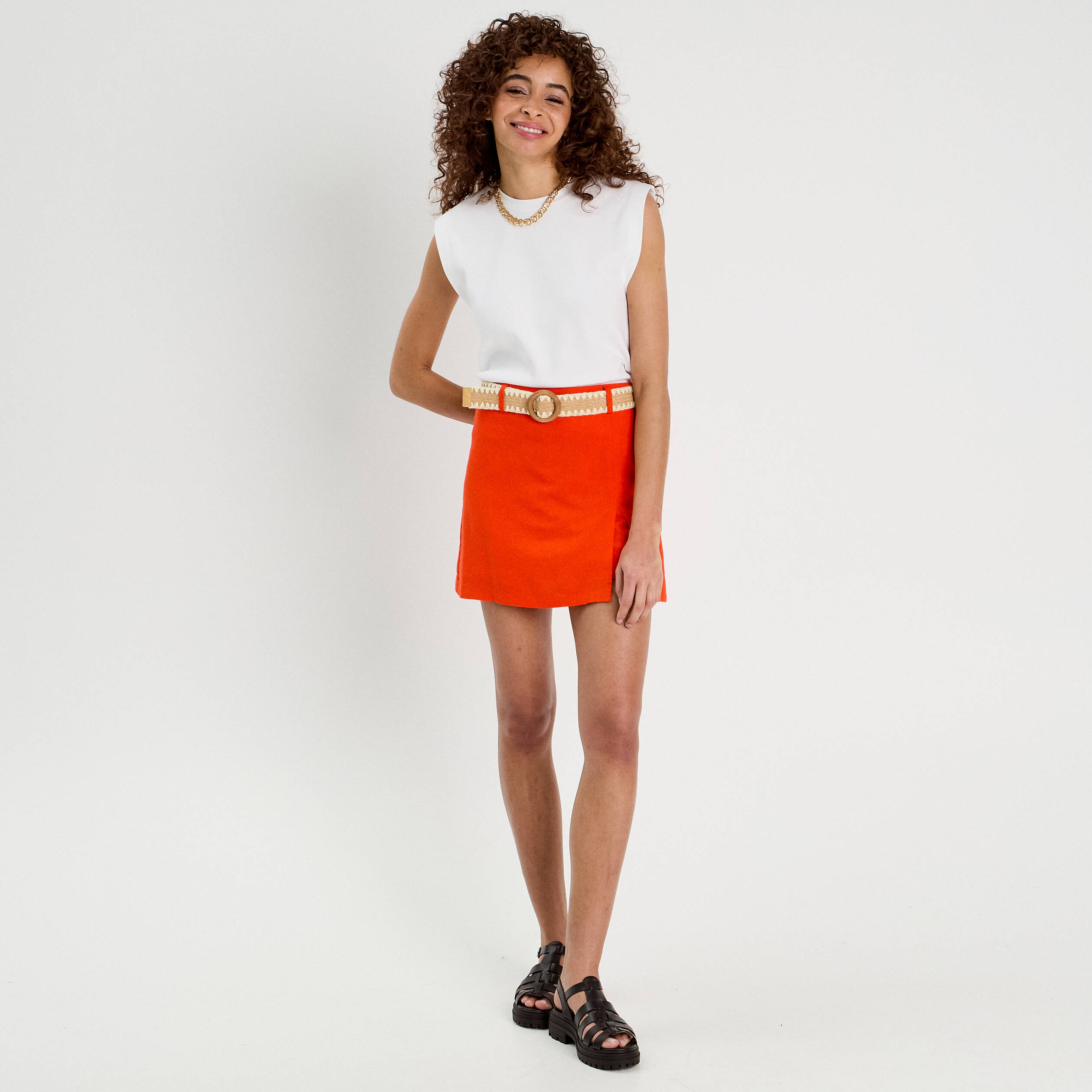 jupe short ceinturee contenant du lin orange femme Jupe-short ceinturée contenant du lin orange femme