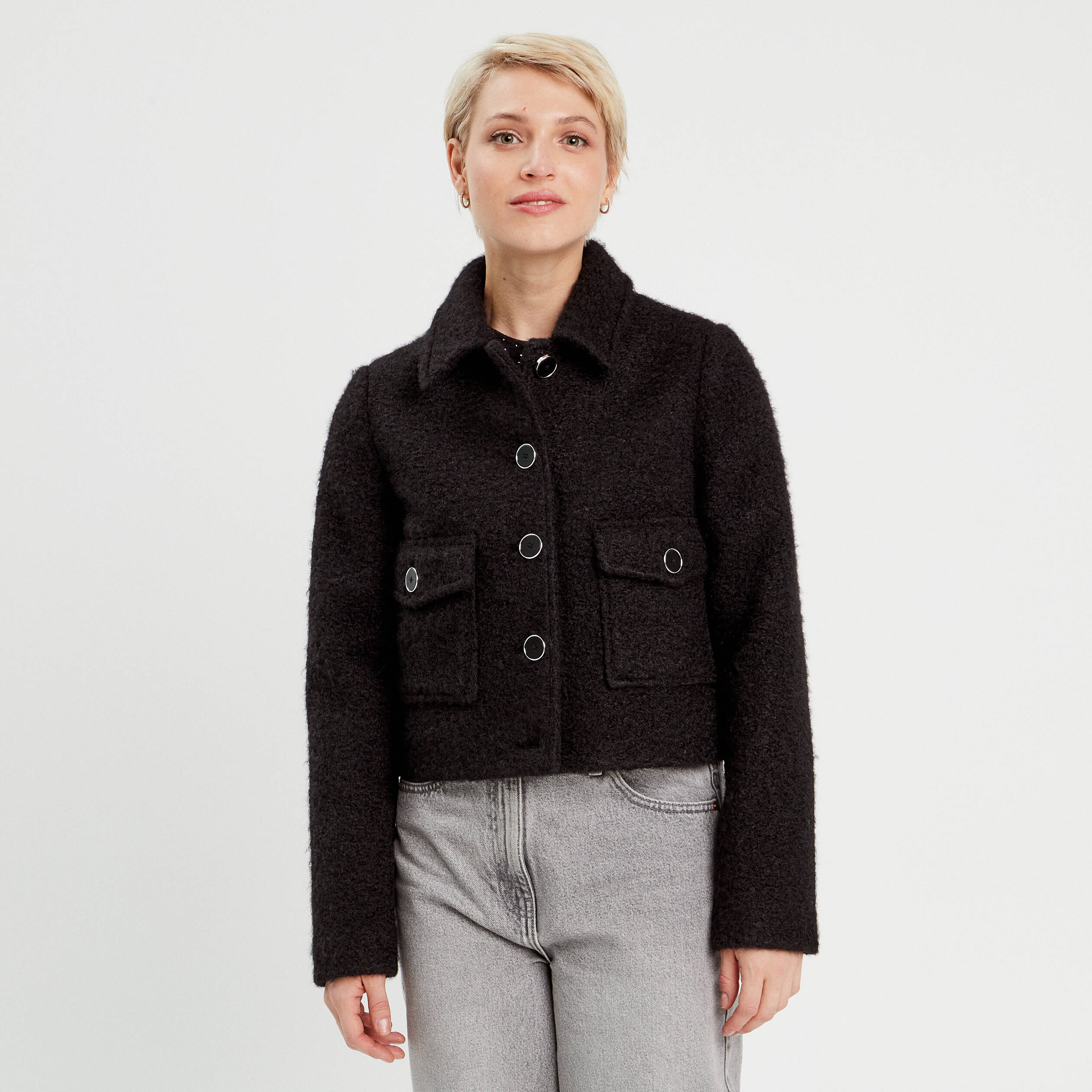 Veste bouclette boutonn&eacute;e noir femme