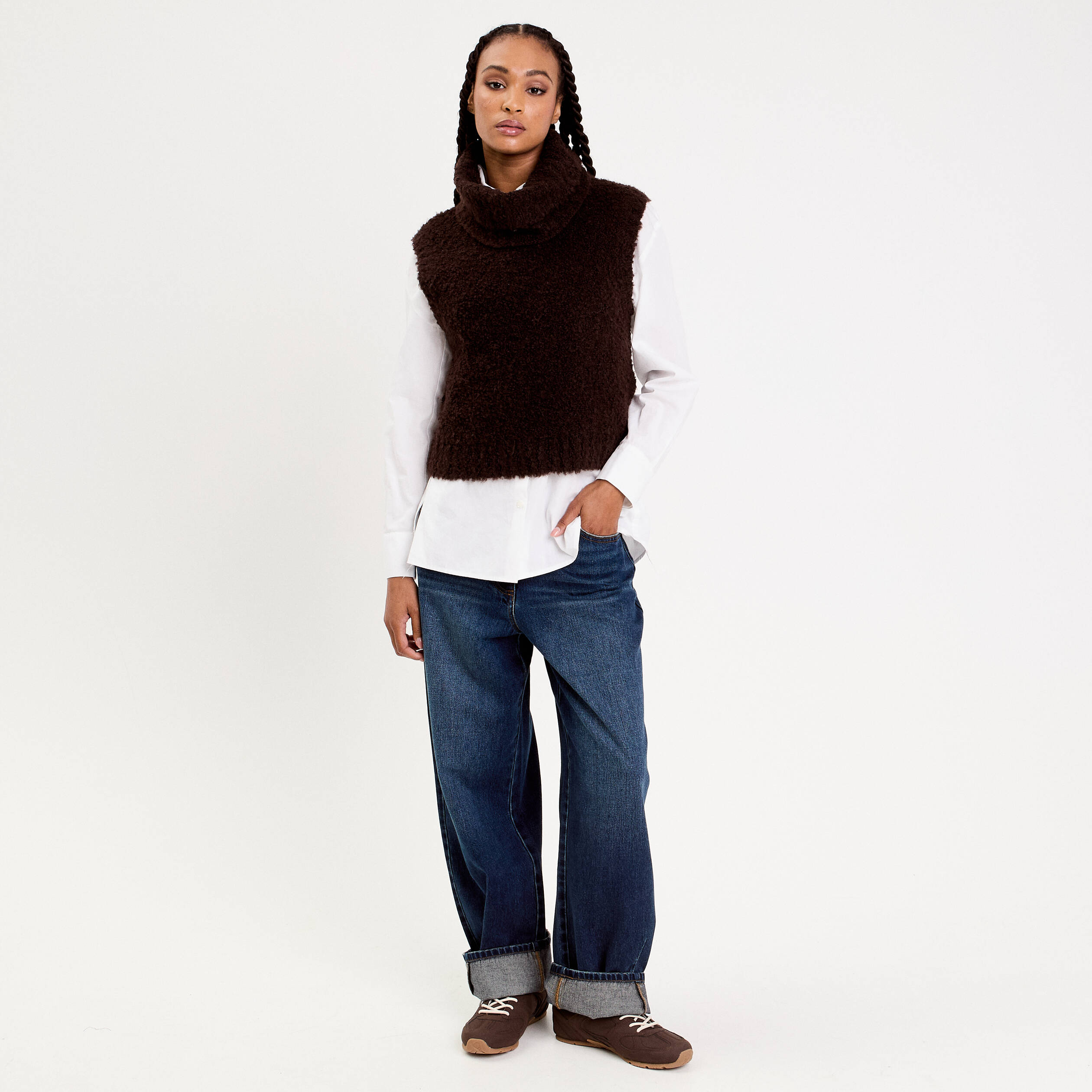 Pull 2-en-1 col amovible marron fonc&eacute; femme