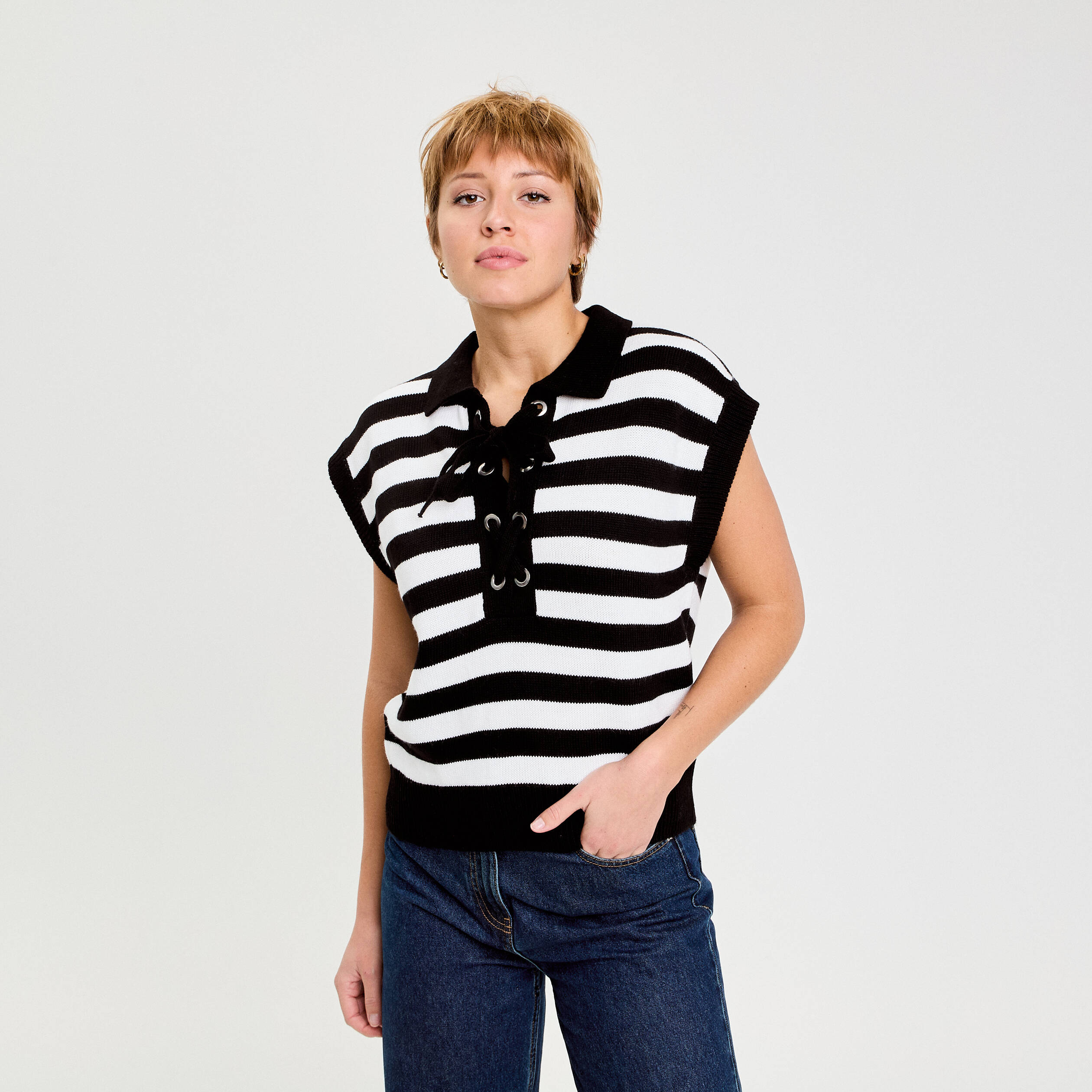 Pull sans manches col chemise noir femme Vibs