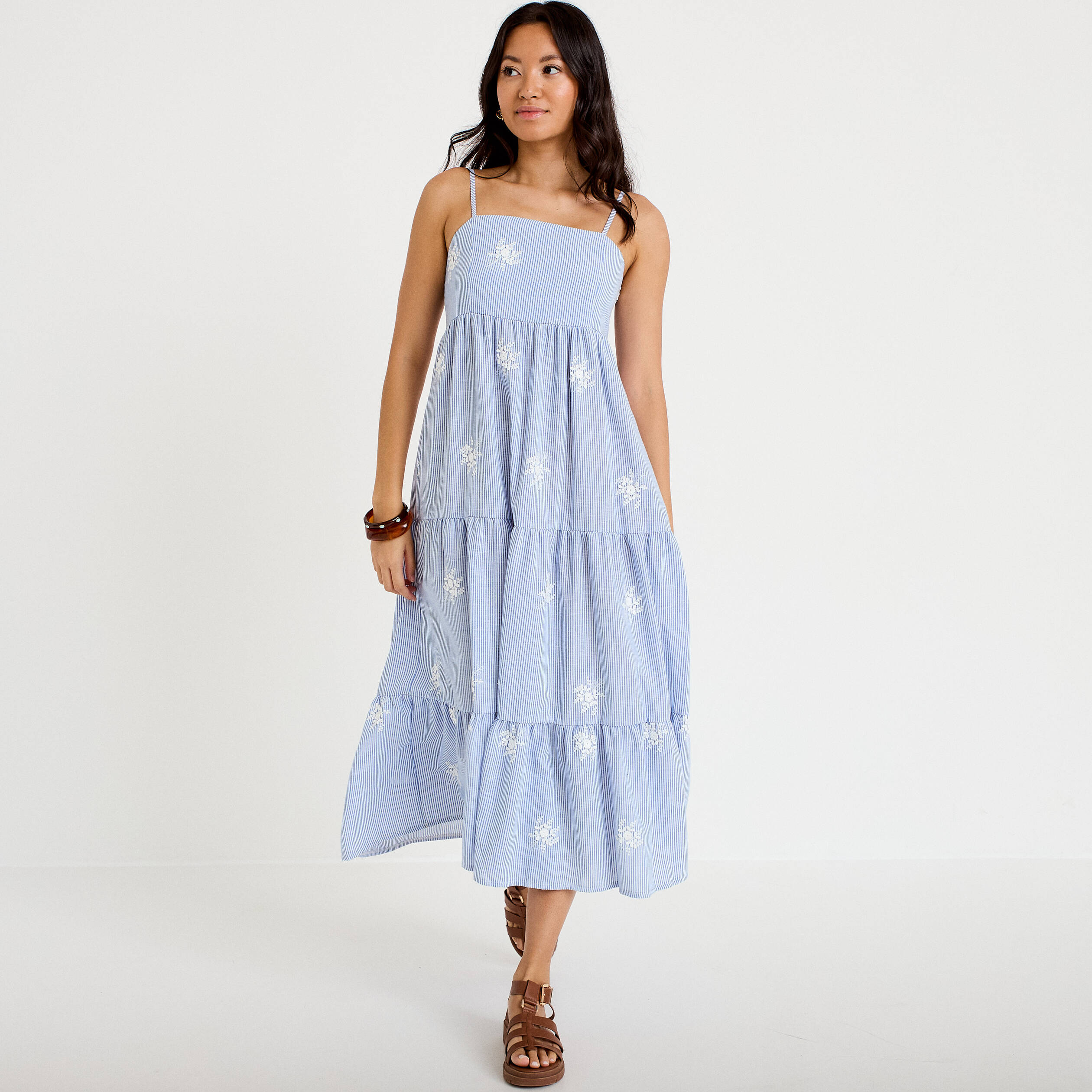 Robe longue &eacute;vas&eacute;e &agrave; fines bretelles blanc femme