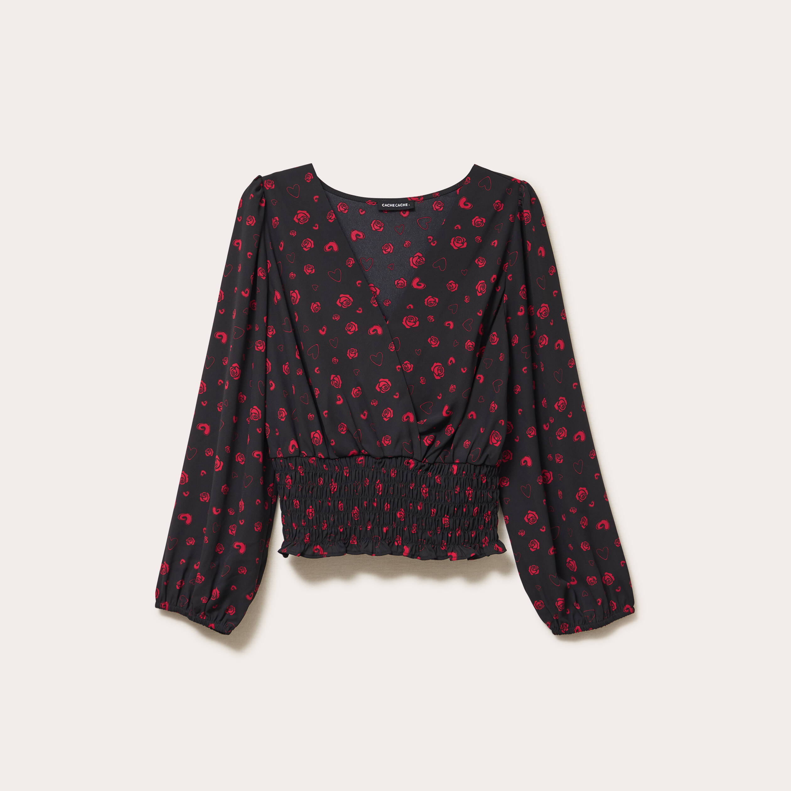 Blouse courte taille smock&eacute;e noir femme