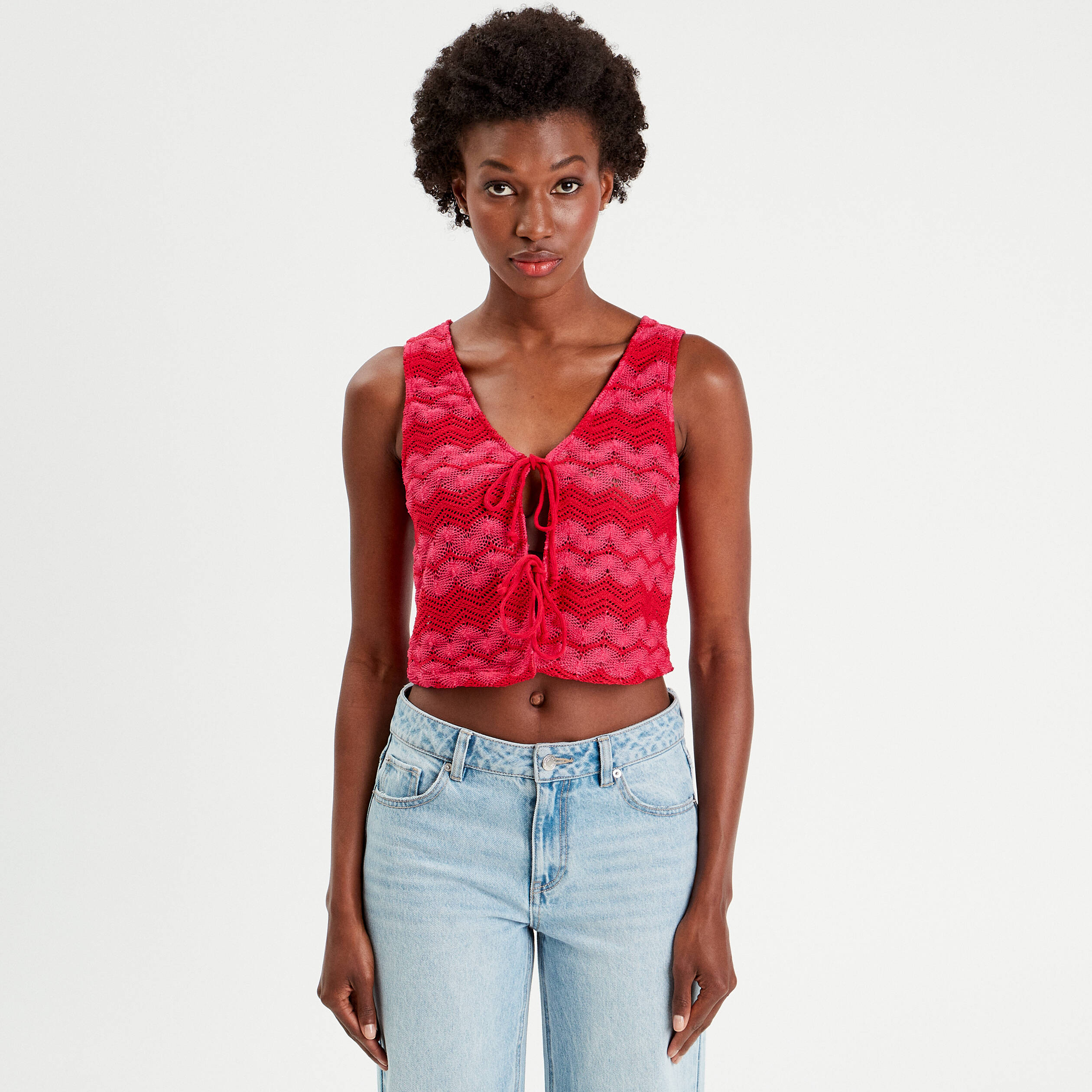 gilet cropped crochet rose fushia femme Gilet cropped crochet rose fushia femme