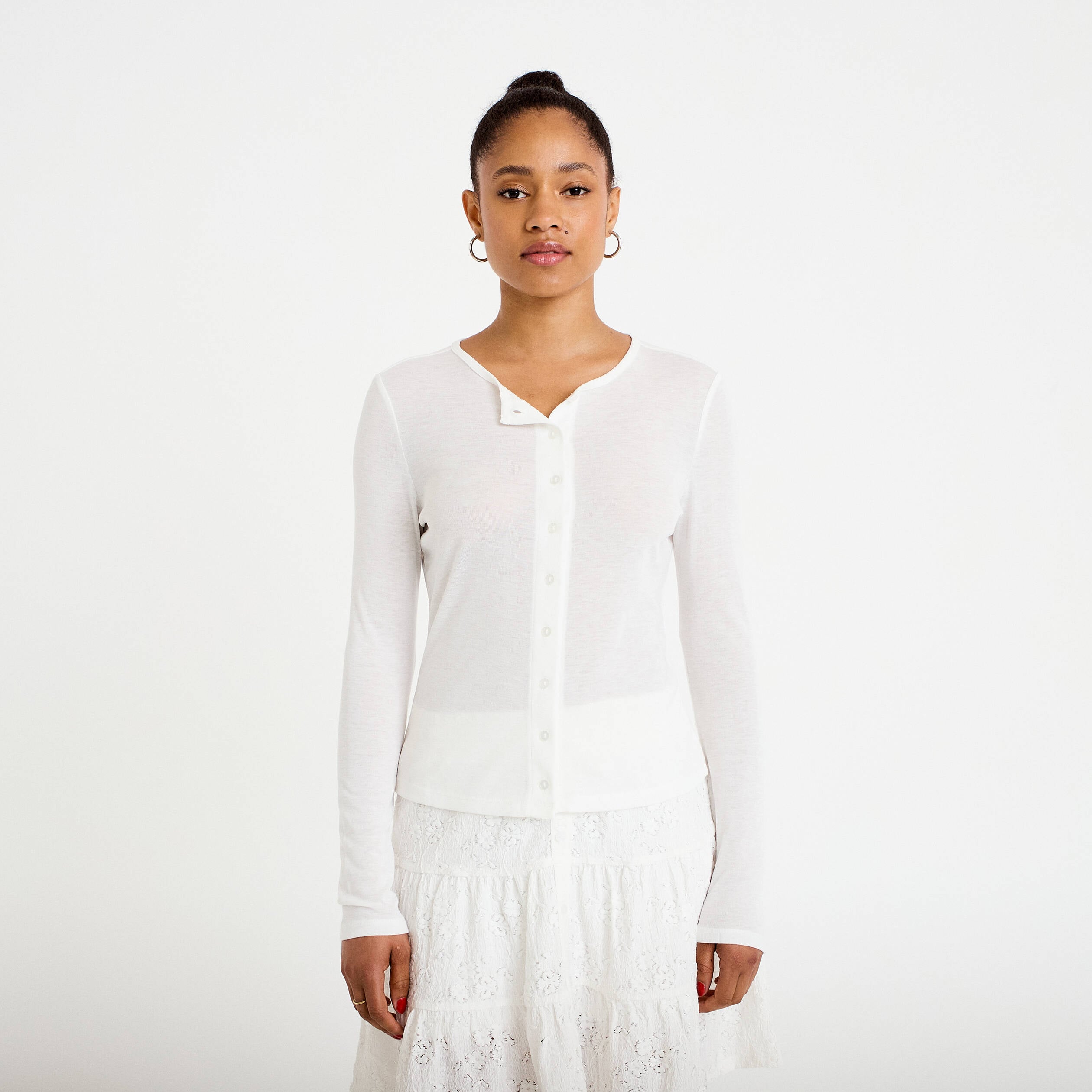 Gilet ajust&eacute; col rond manches longues ecru femme