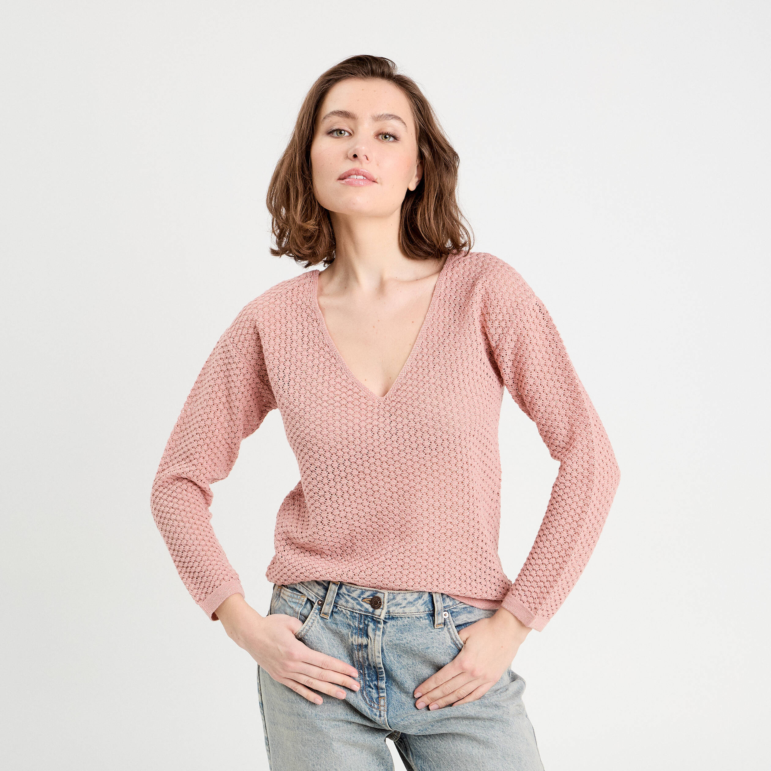 Pull ajouré manches longues rose pastel femme