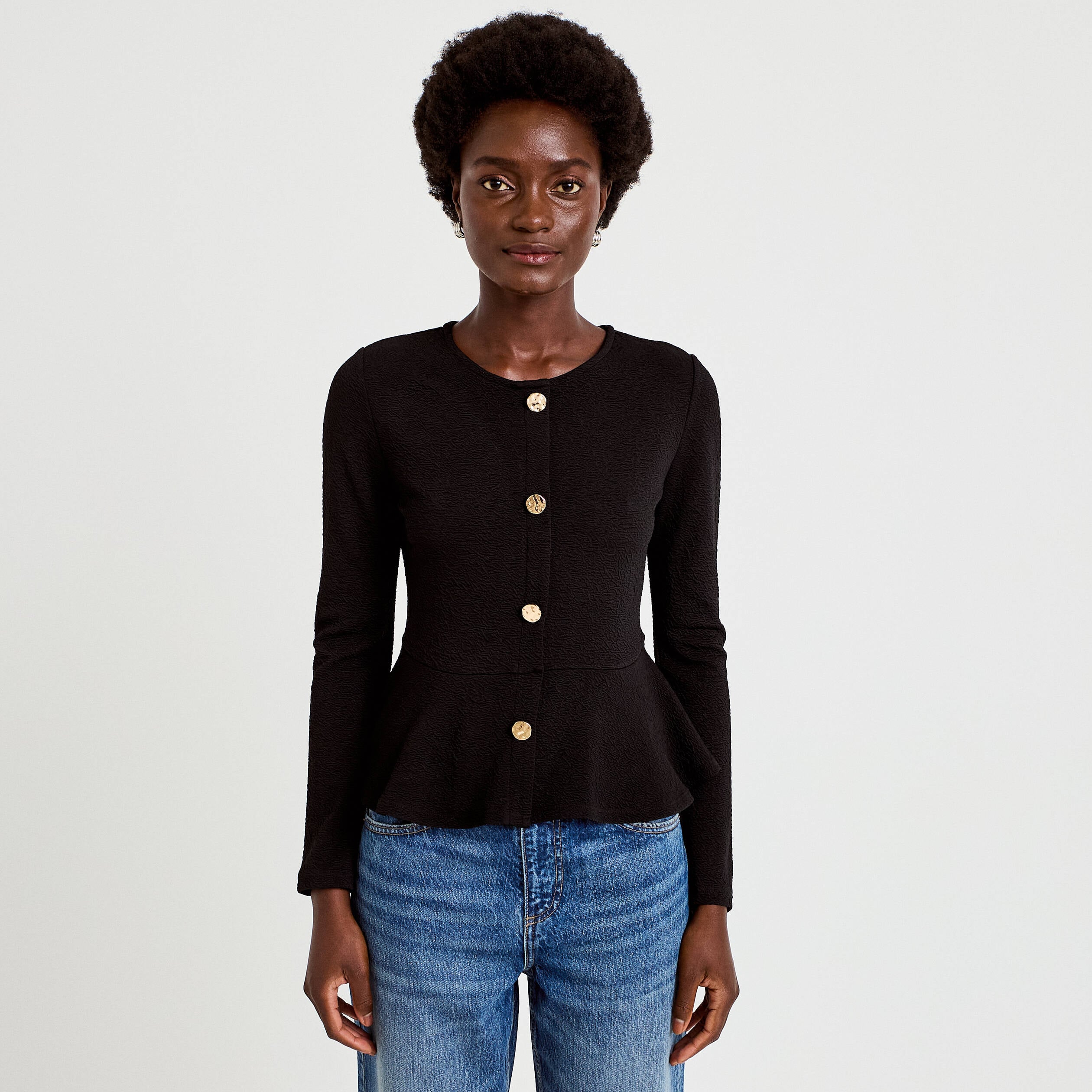 Top p&eacute;plum ajust&eacute; manches longues noir femme