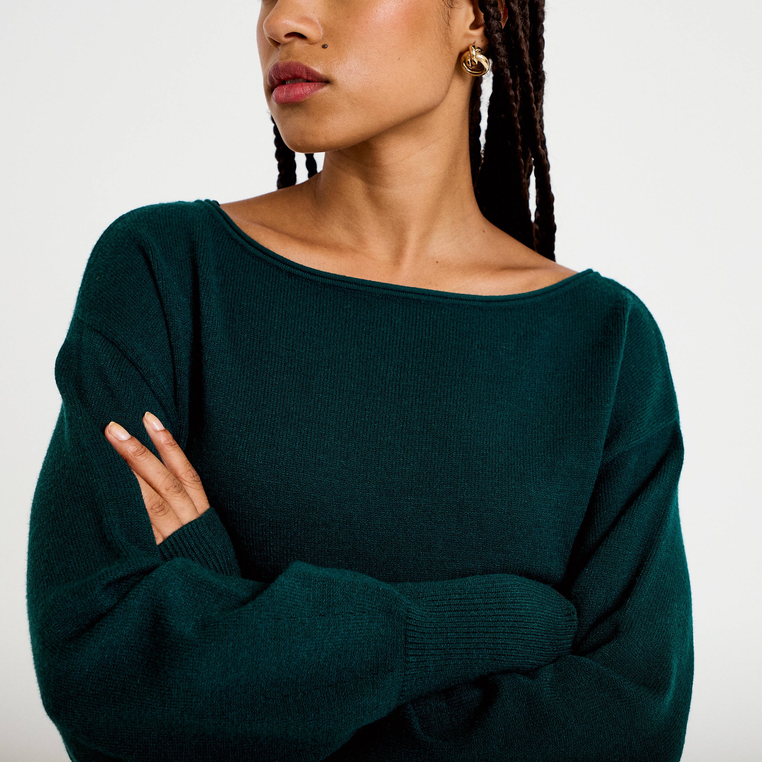 Pull oversize col bateau manches longues vert fonc&eacute; femme