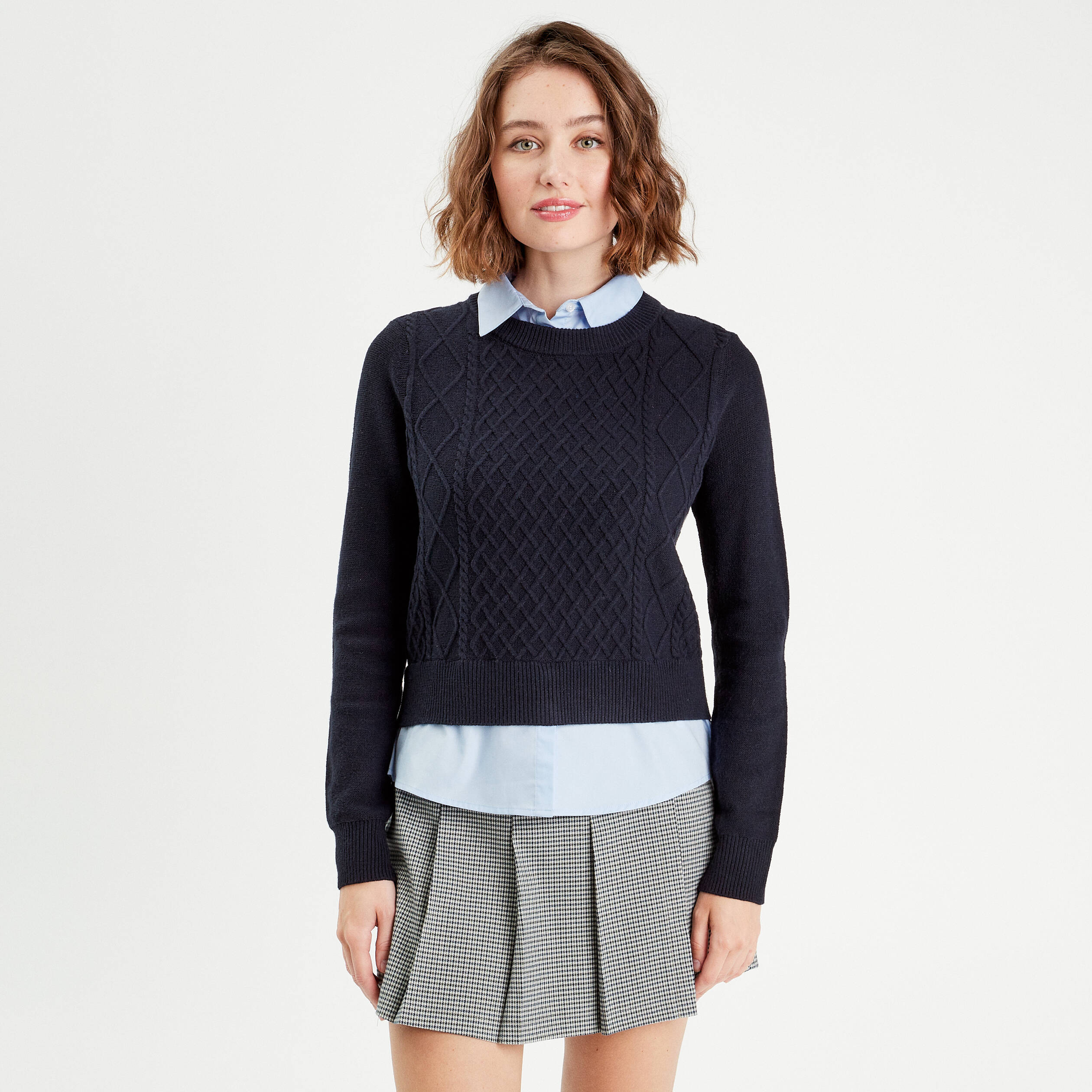 Pull chemise 2-en-1 bleu marine femme