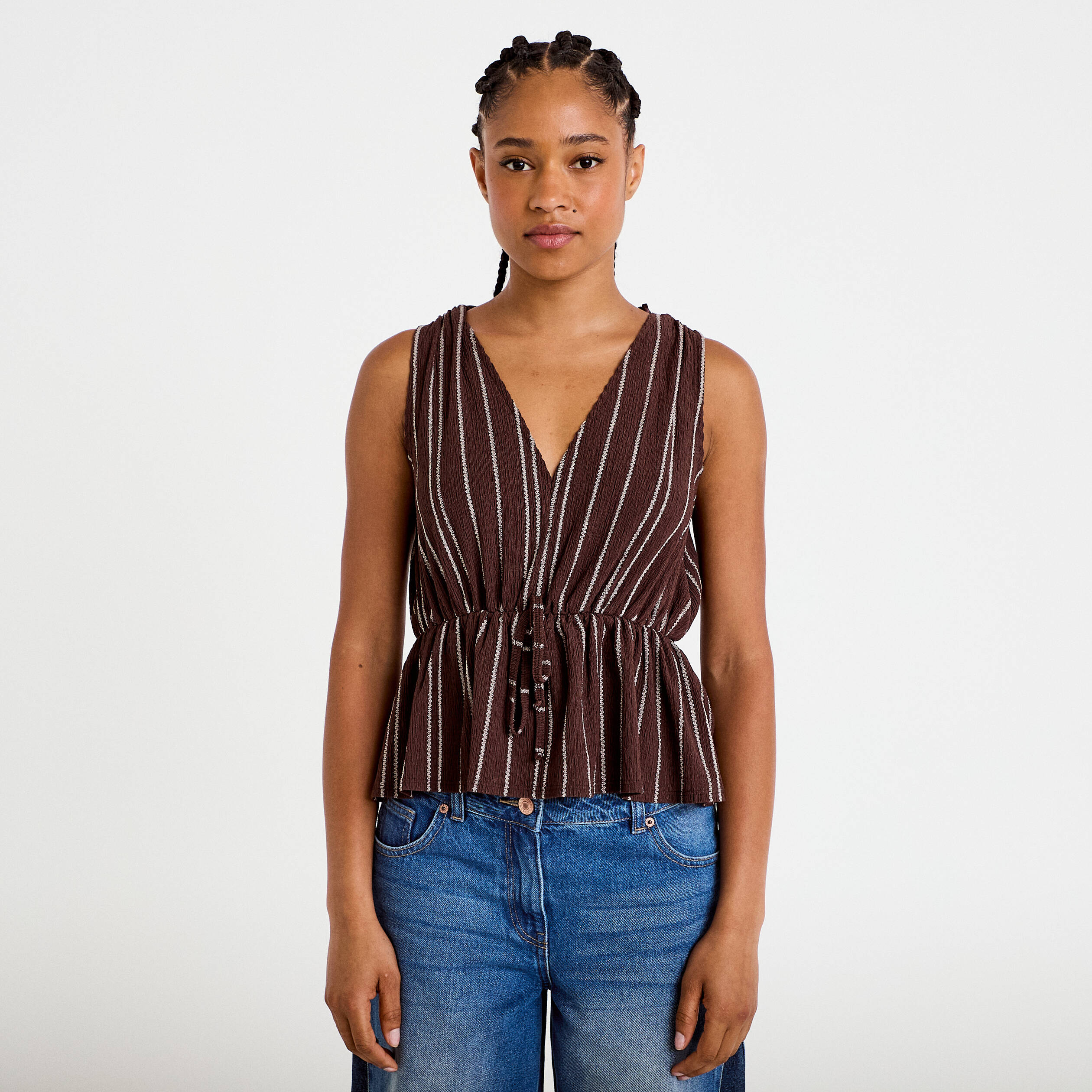 Blouse sans manches col v marron femme