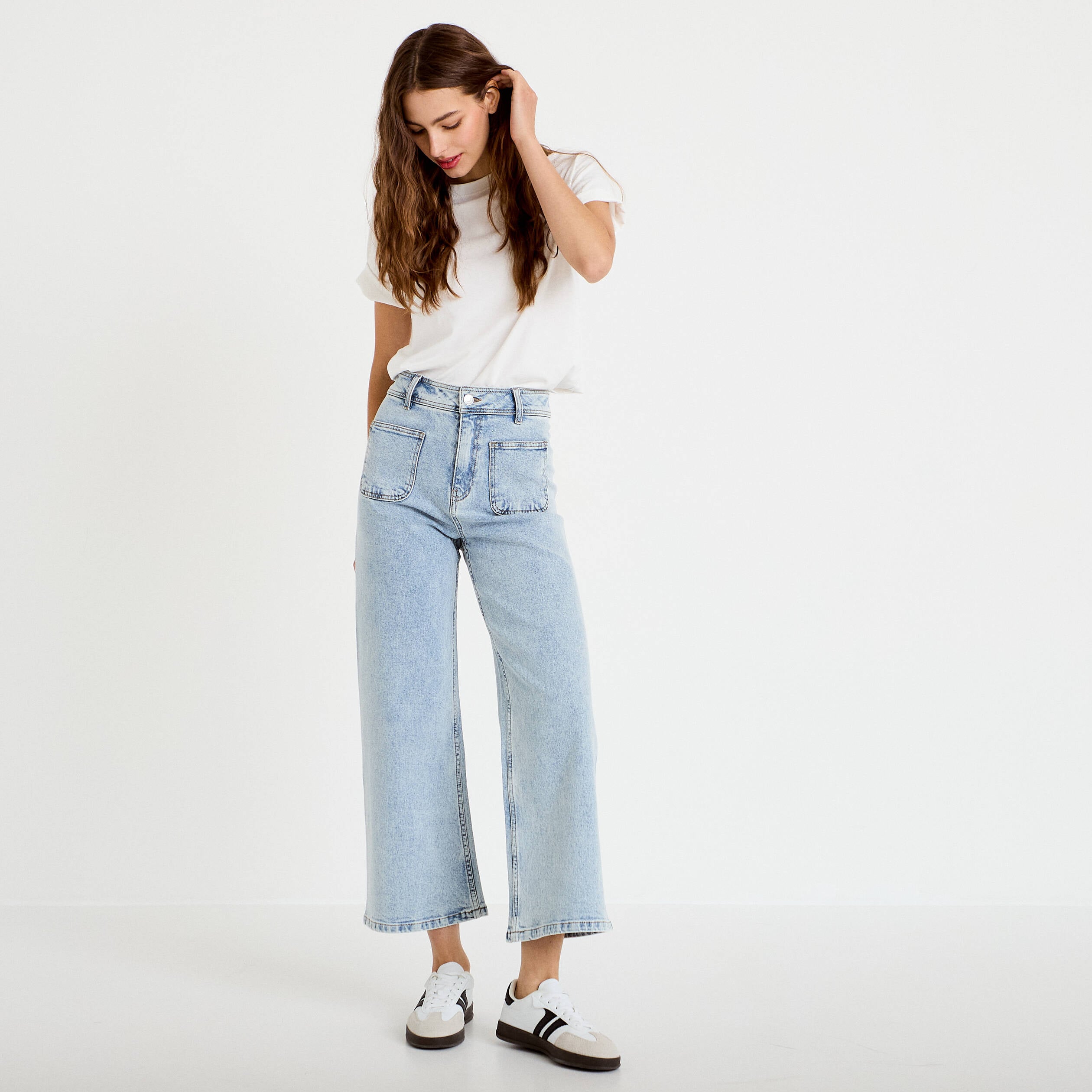 Jean wide leg cropped taille haute denim triple stone femme