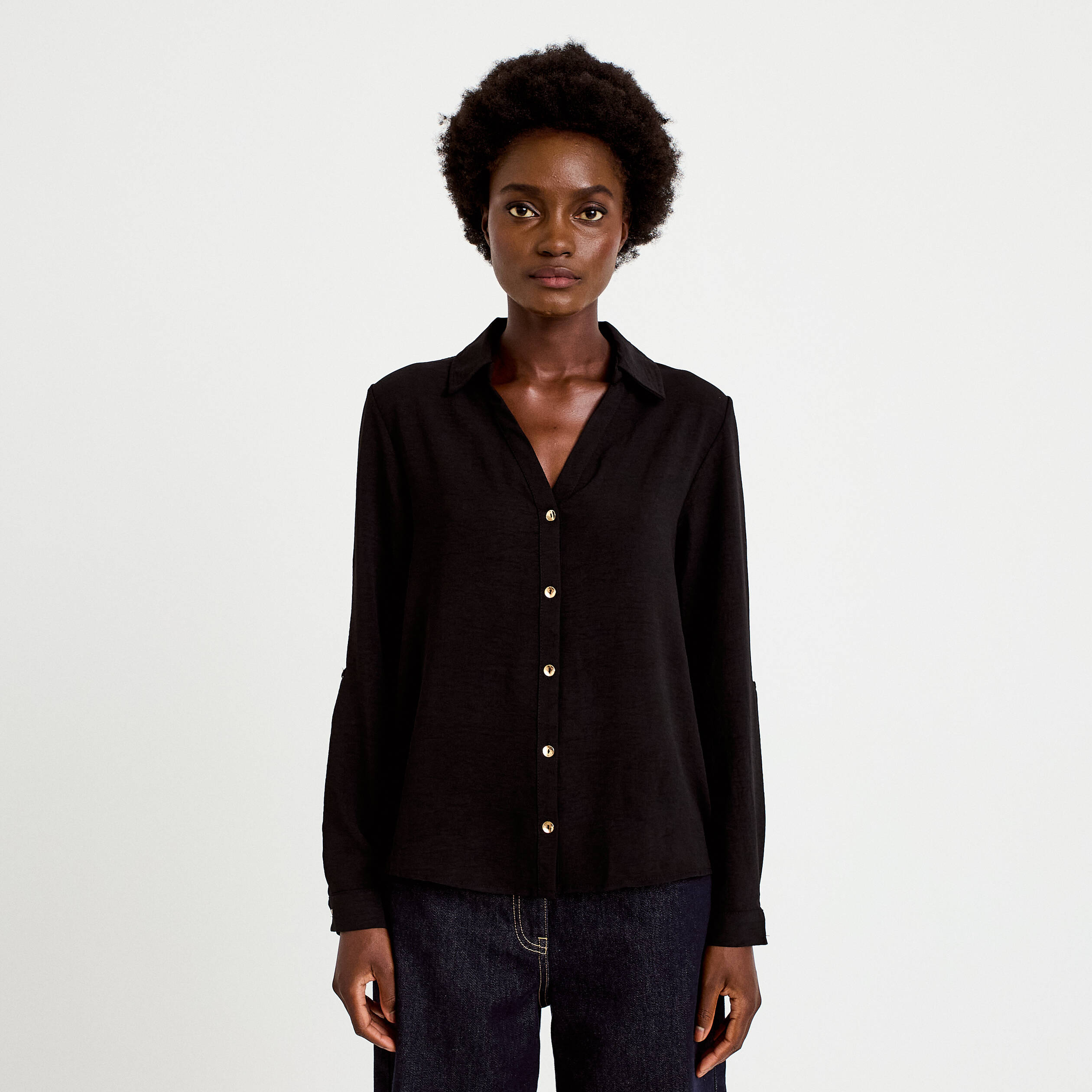 Chemise droite pliss&eacute;e manches longues noir femme