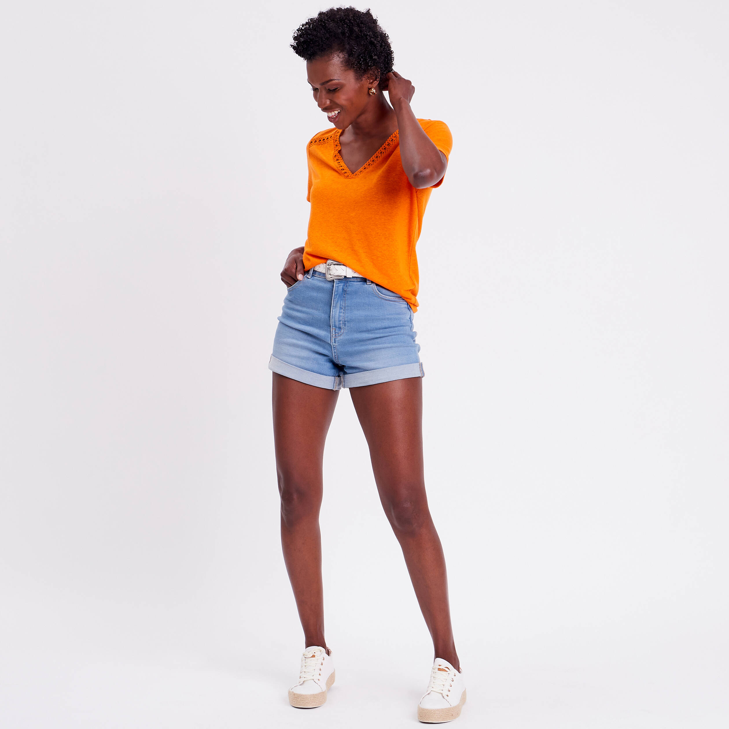 t shirt avec bandes macrame orange femme T-shirt avec bandes macramé orange femme