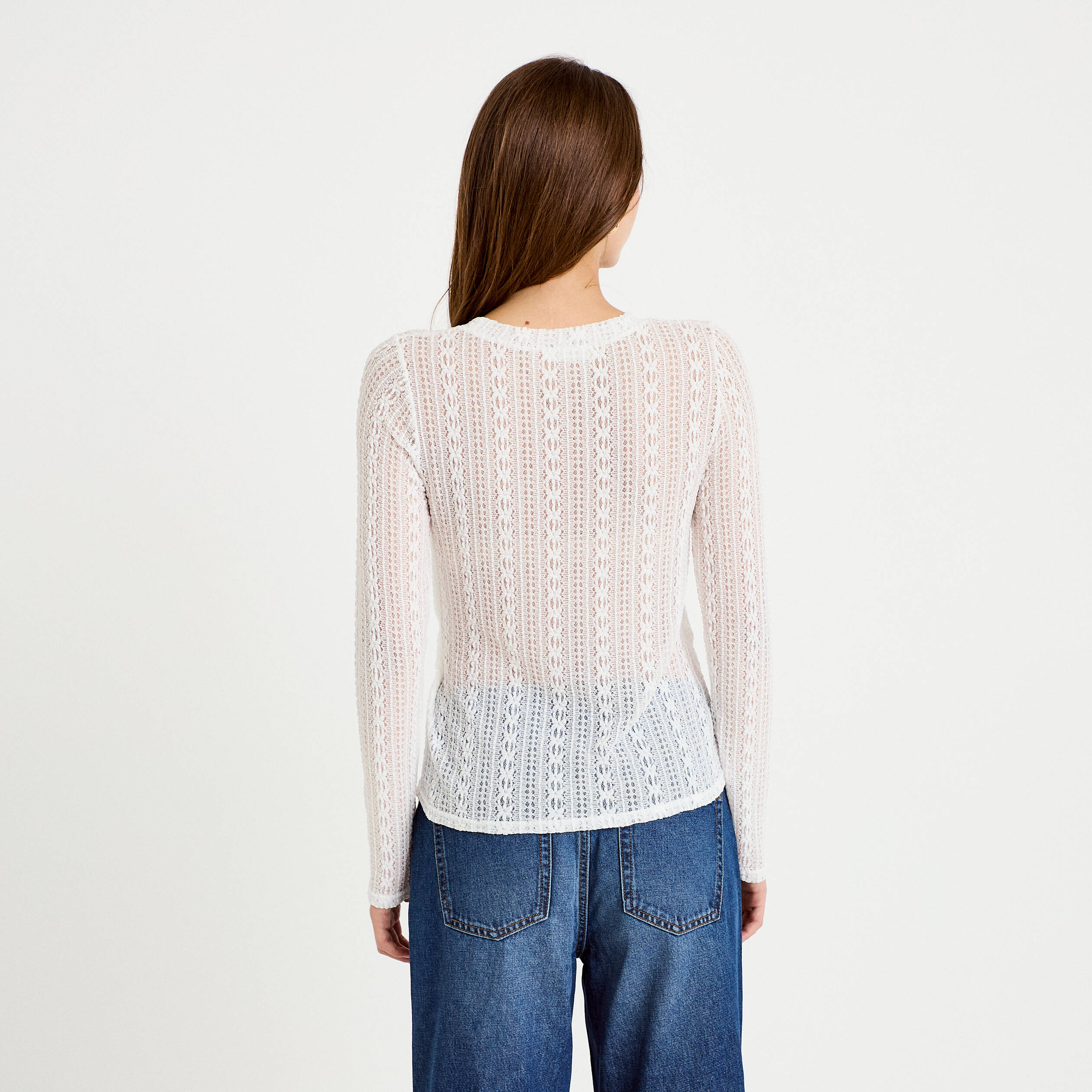 Top droit manches longues dentelle ecru femme