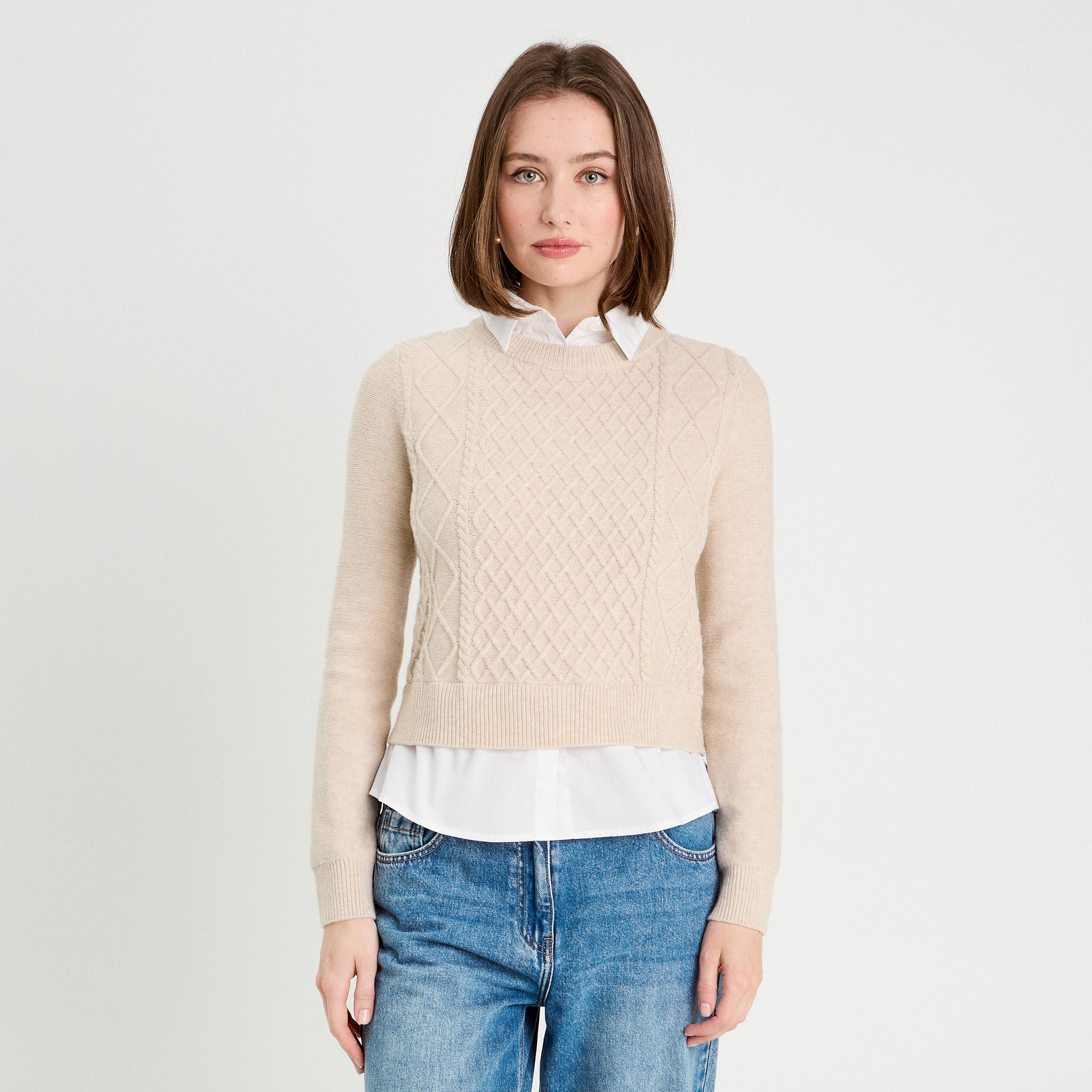 Pull 2-en-1 chemise beige femme Vibs