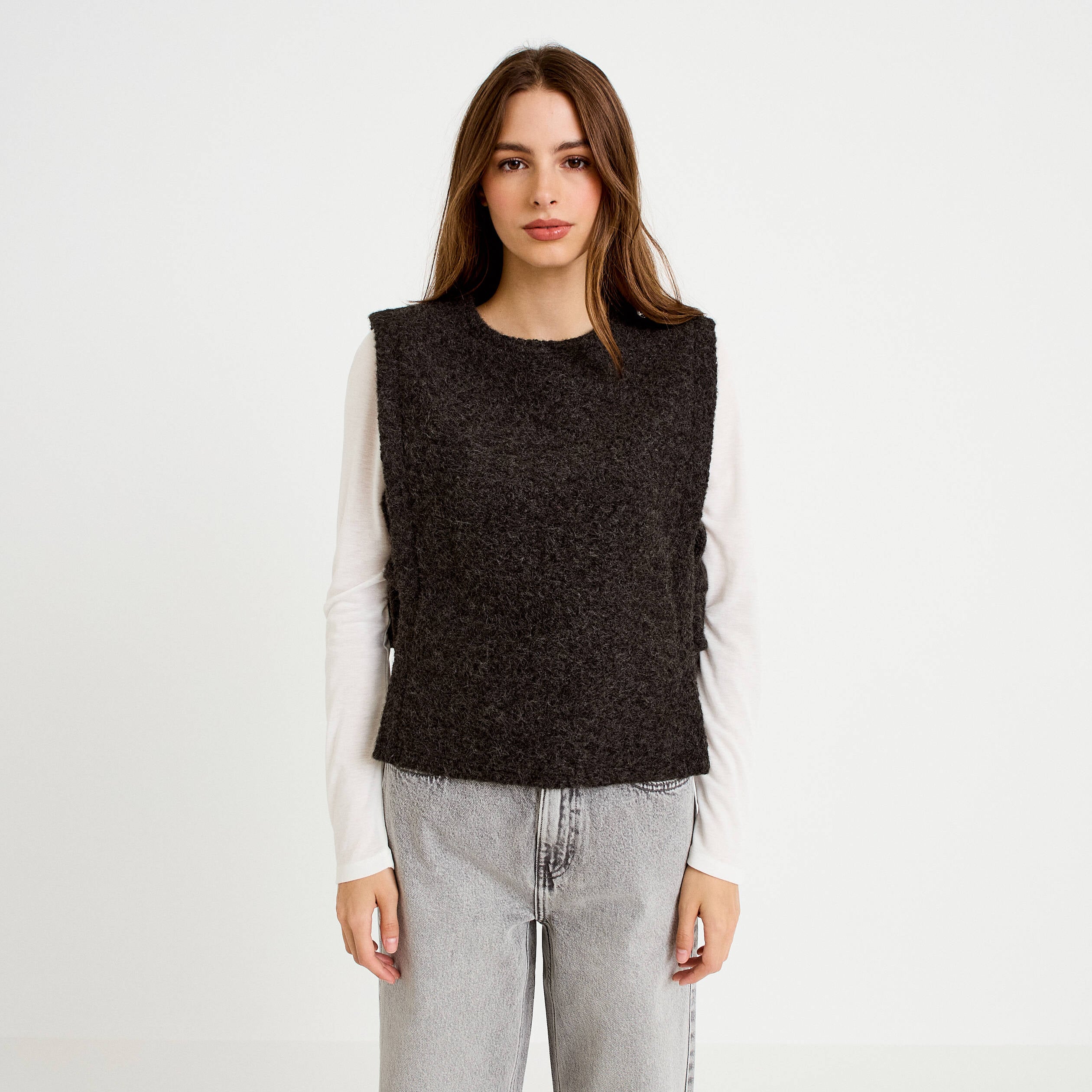 T-shirt 2-en-1 col rond manches longues gris fonc&eacute; femme