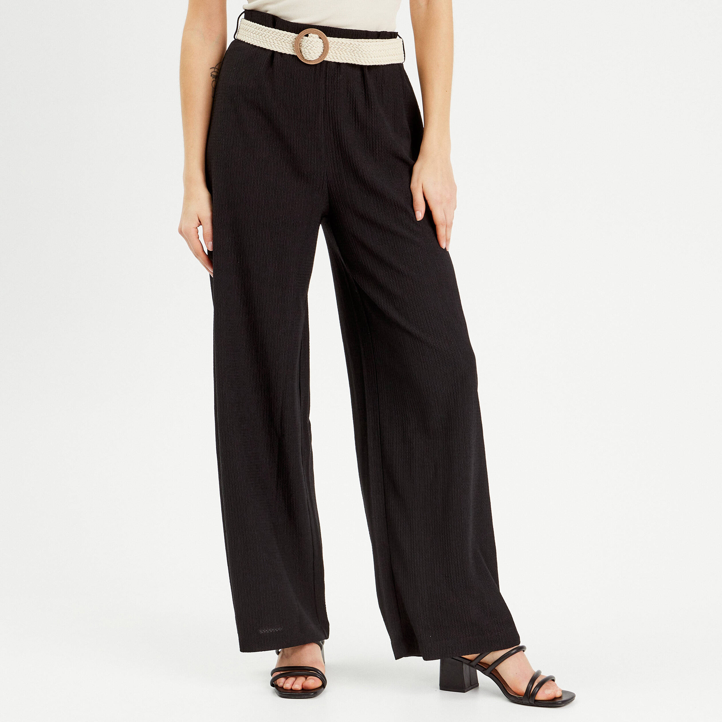 Pantalon large fluide ceintur&eacute; noir femme