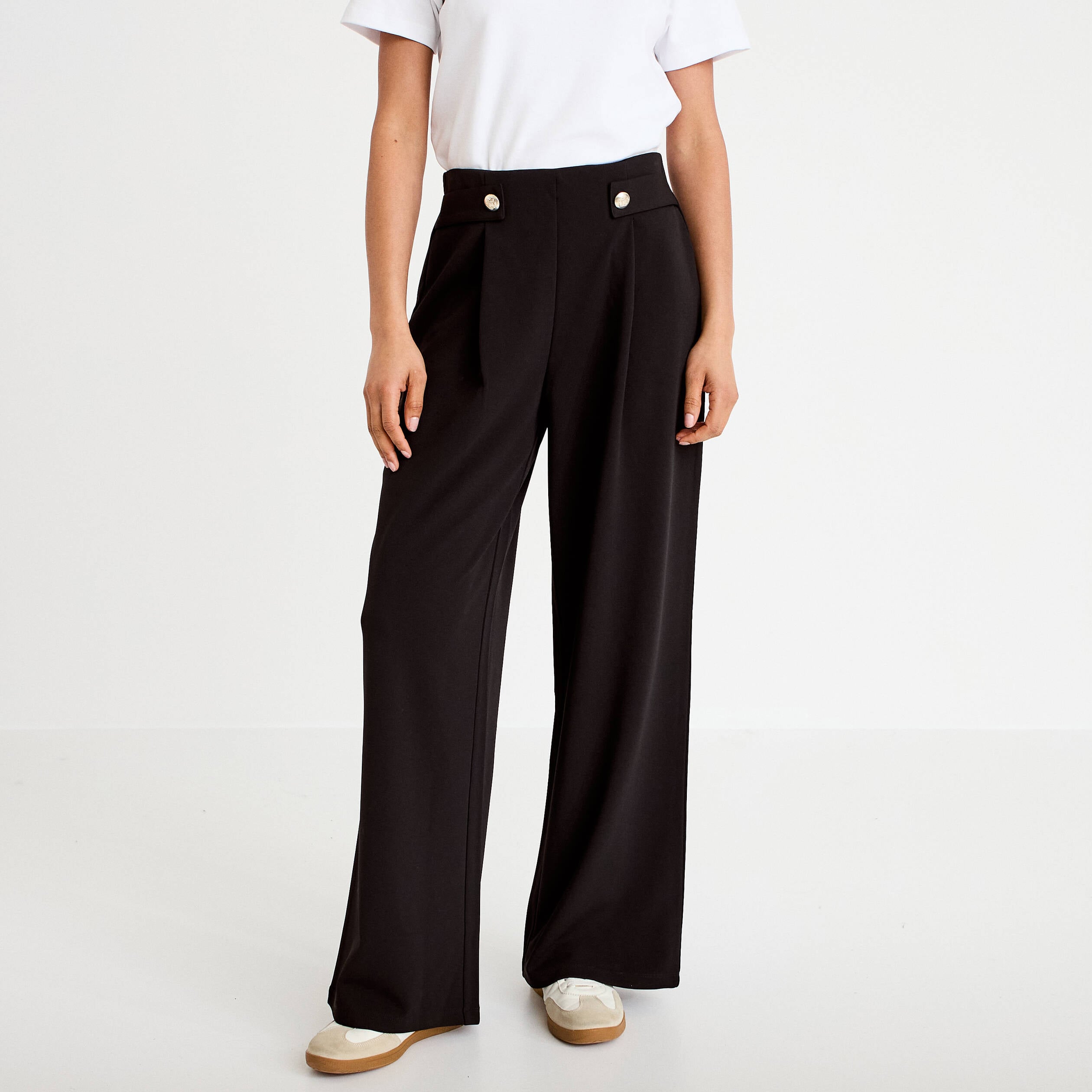 Pantalon large taille haute fluide noir femme
