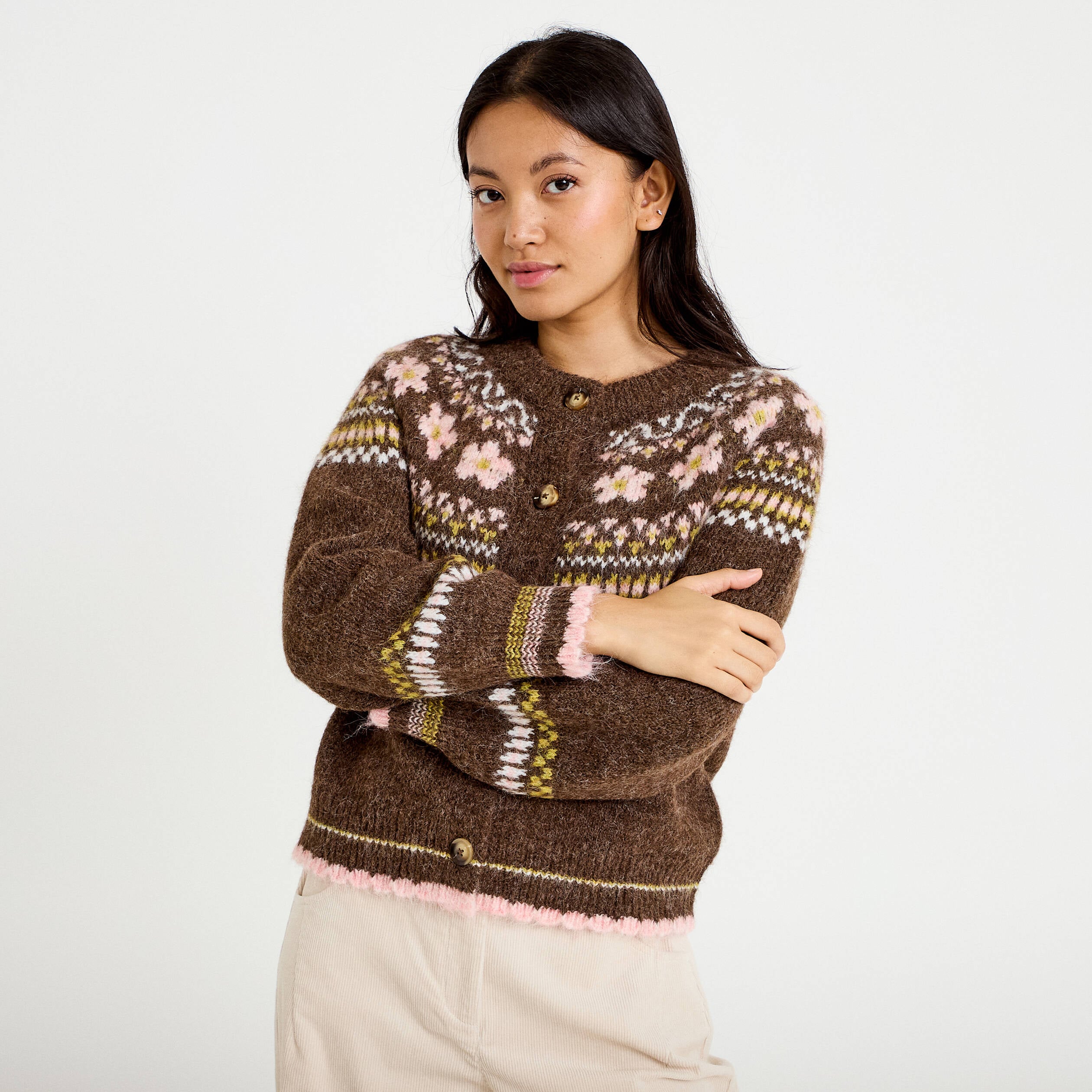 Gilet ample col rond manches longues marron fonc&eacute; femme