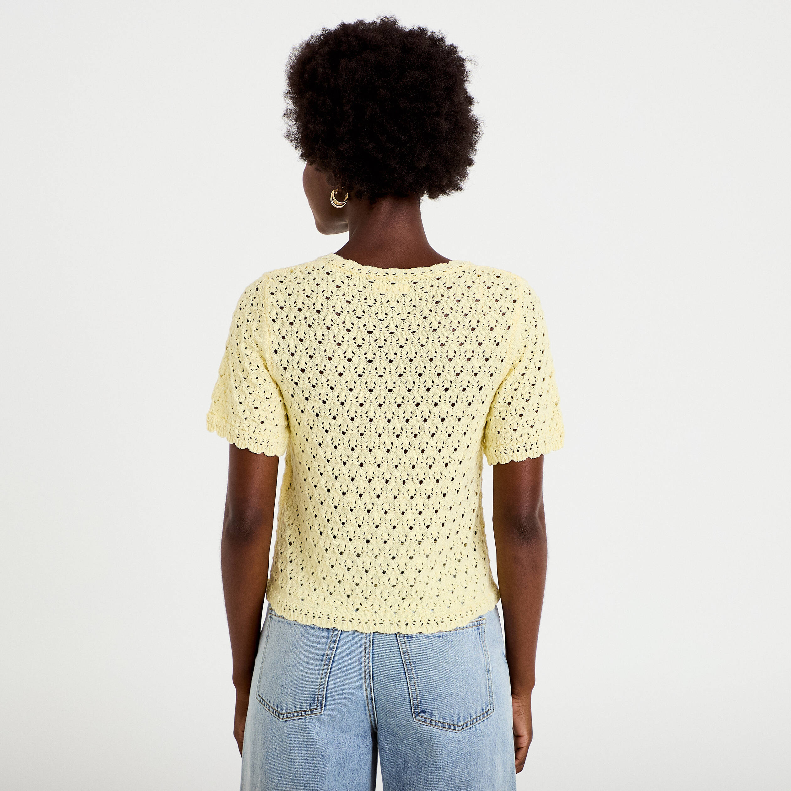Gilet ajour&eacute; col v manches courtes jaune pastel femme