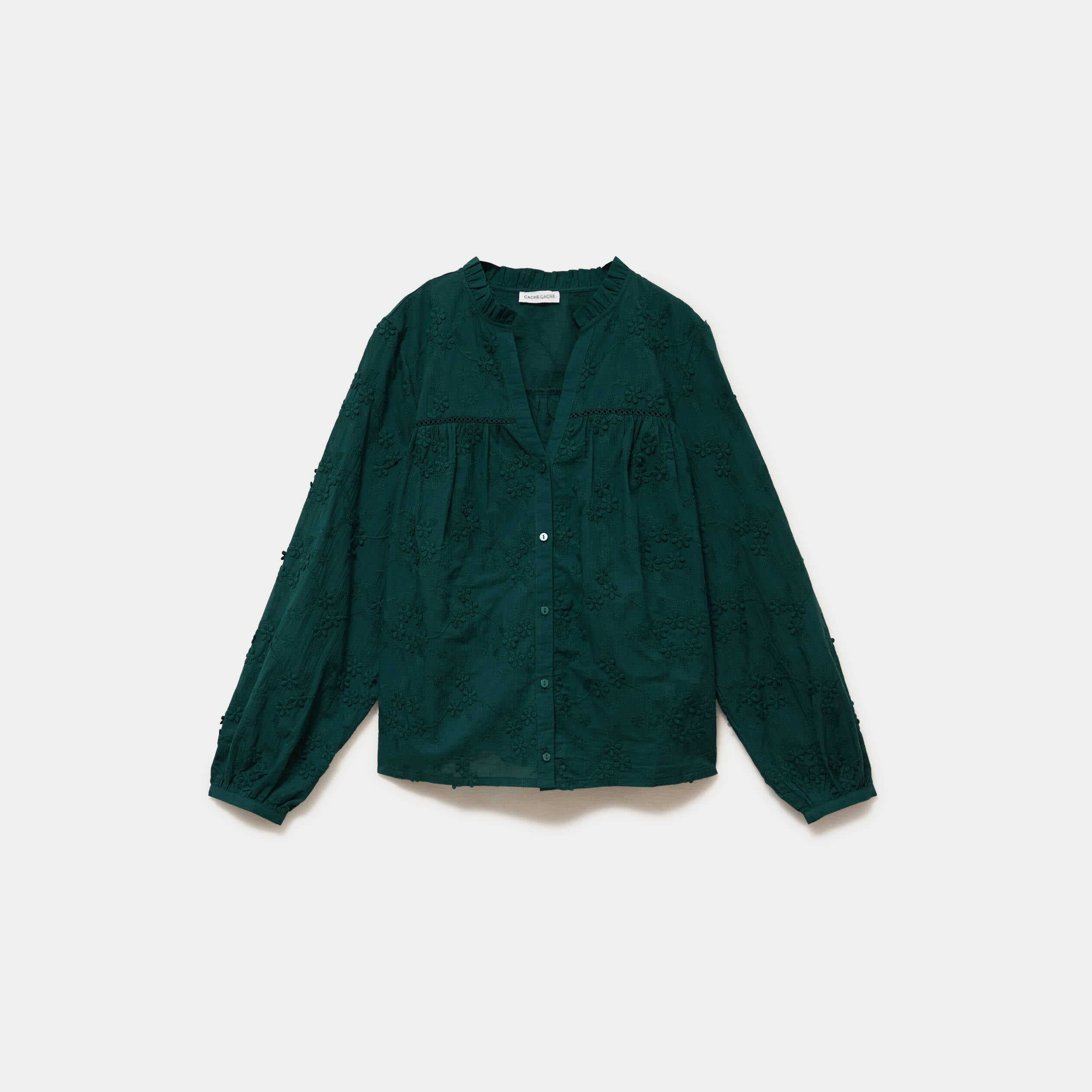 Blouse droite col rond manches longues vert fonc&eacute; femme