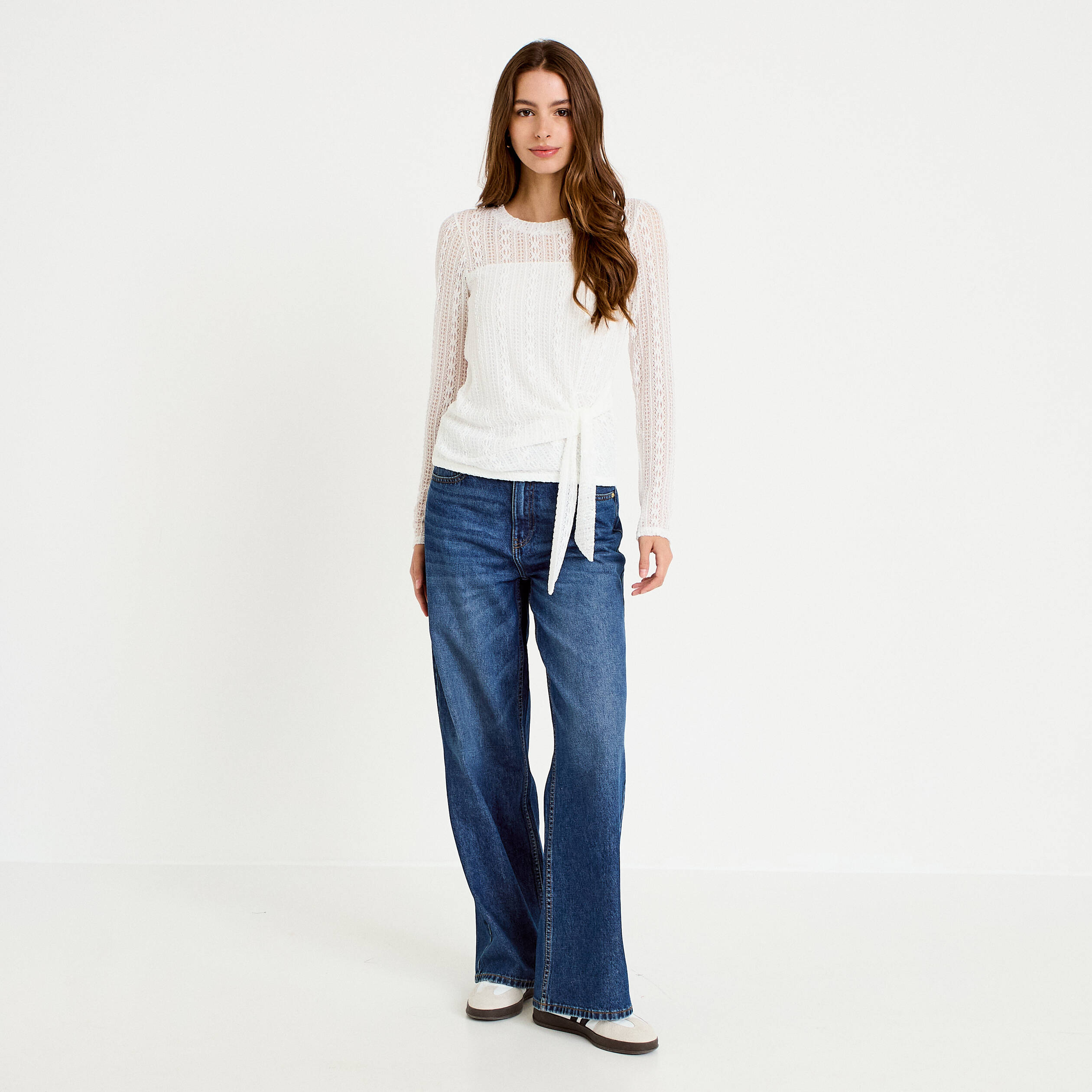 Top droit manches longues dentelle ecru femme
