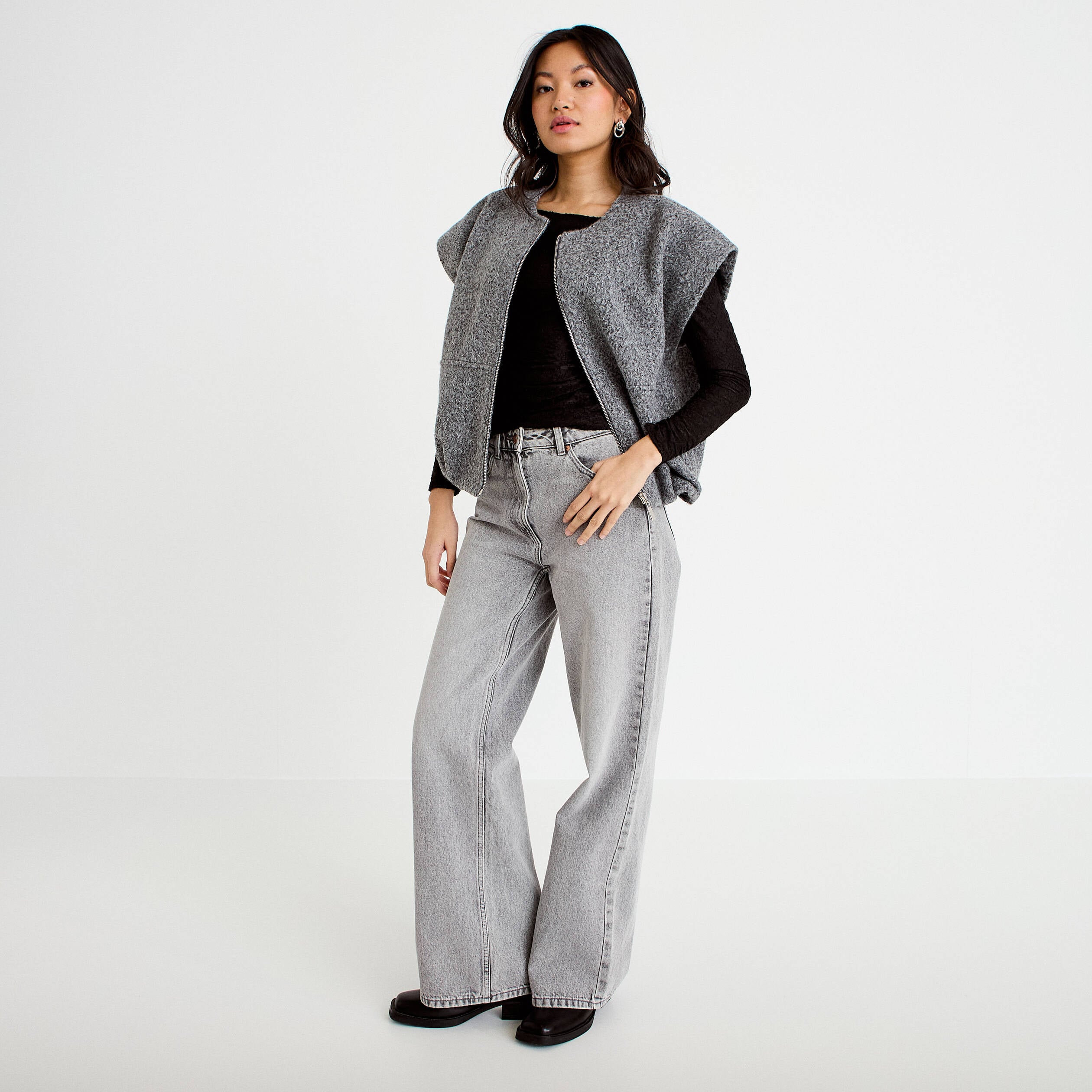 Veste oversize sans manches col rond gris clair femme
