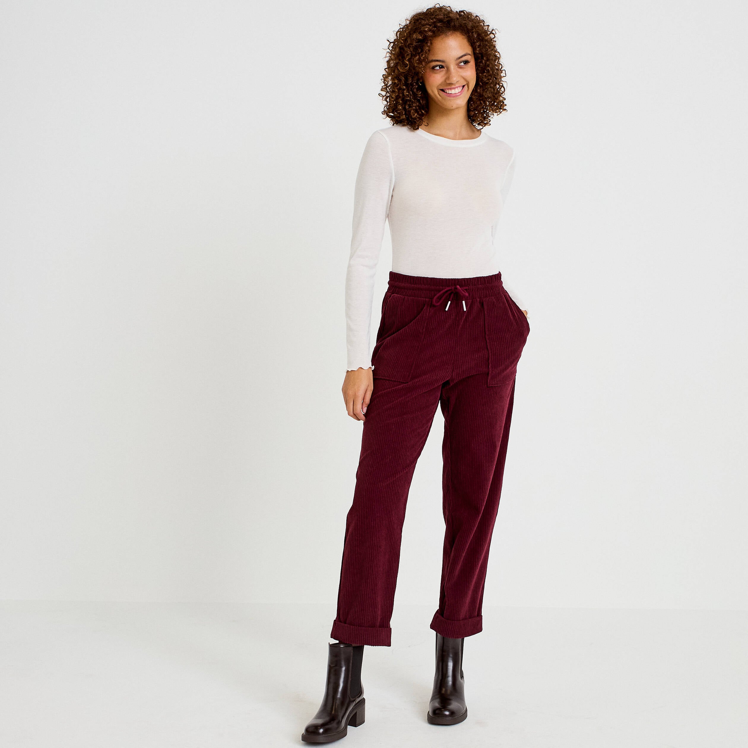 Pantalon jogging velours bordeaux femme