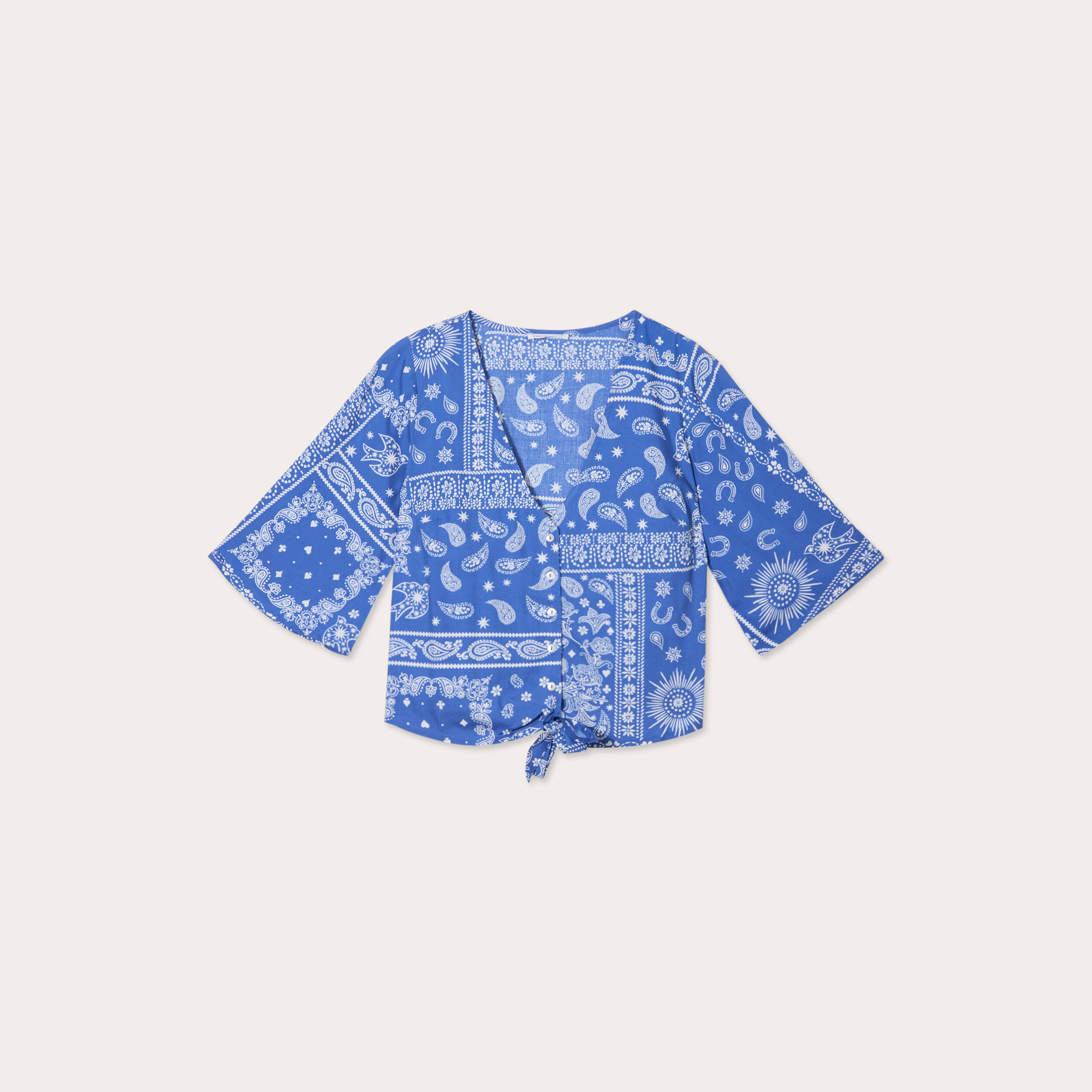Blouse nouée manches 3/4 bleu femme