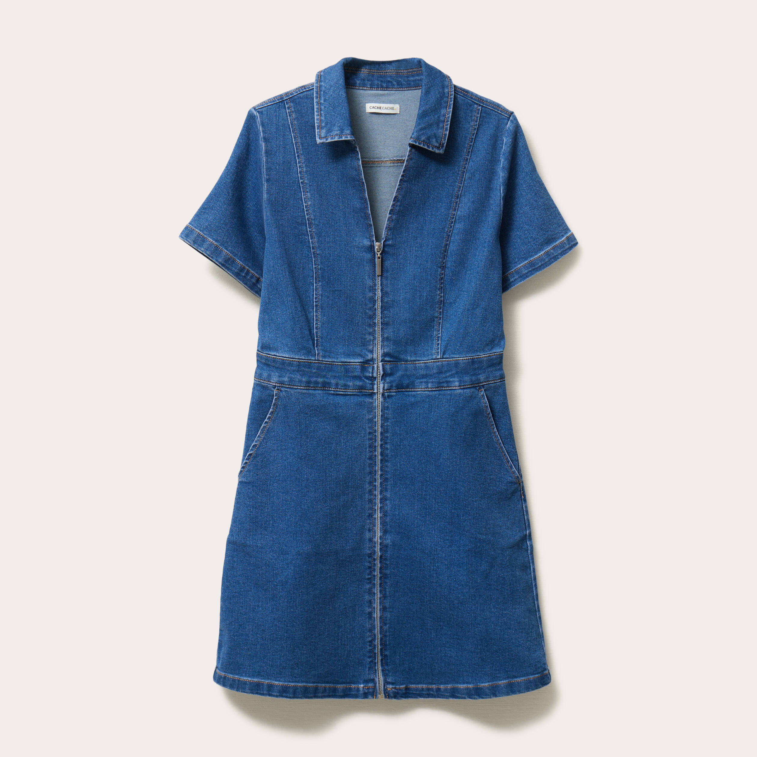 Robe droite zipp&eacute;e en jean denim stone femme