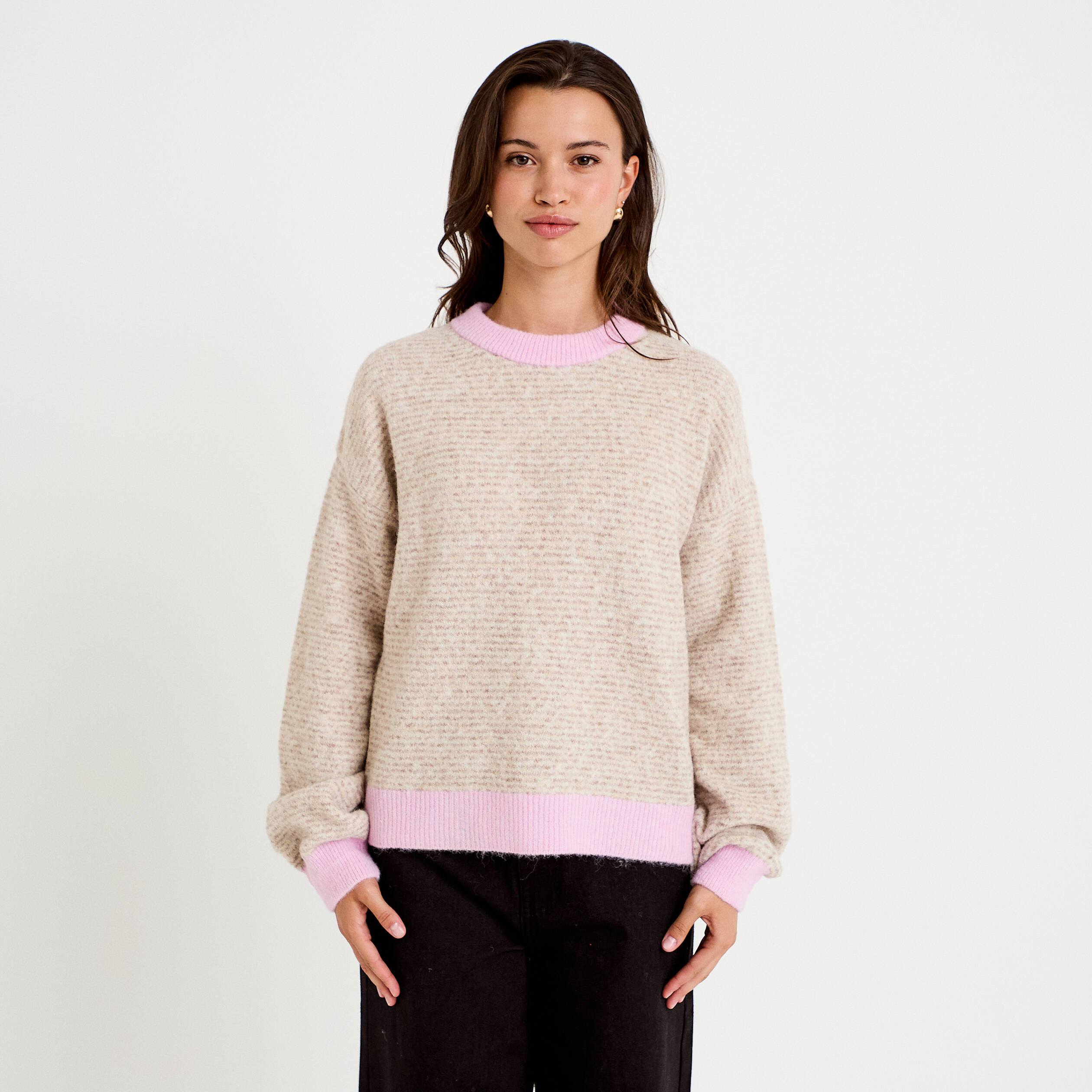 Pull ample col rond manches longues marron femme