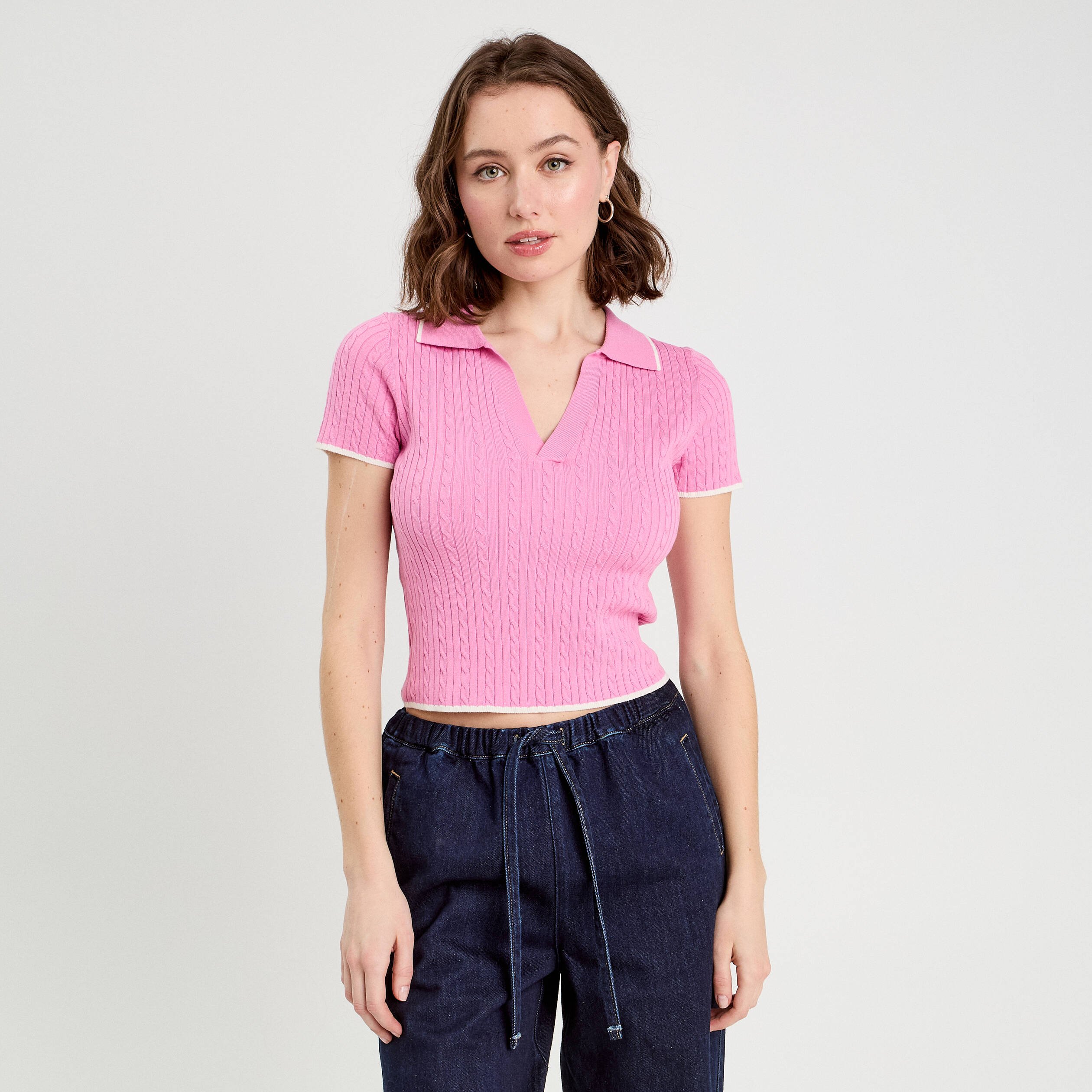 Top col polo manches courtes rose femme
