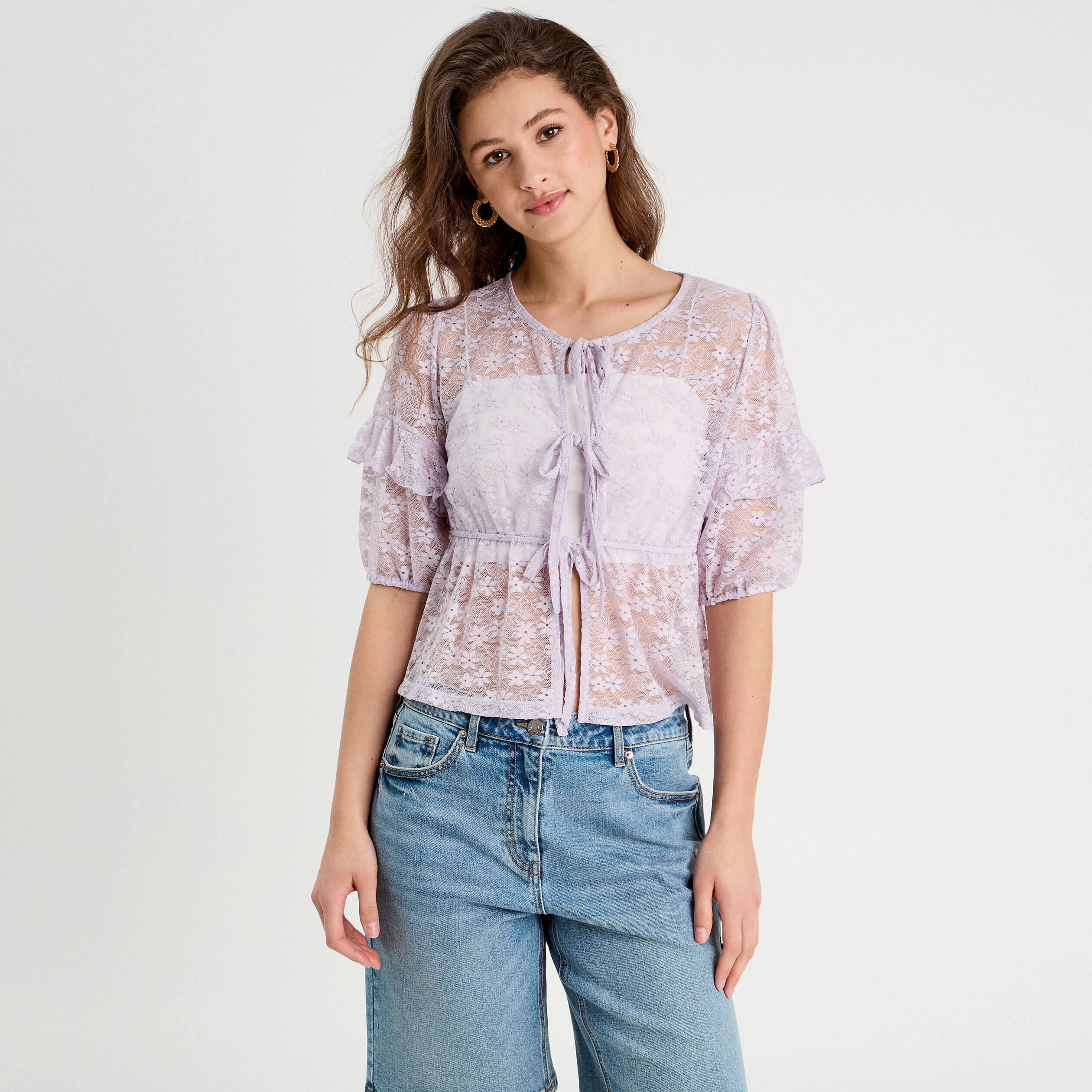 Blouse dentelle nouée parme femme