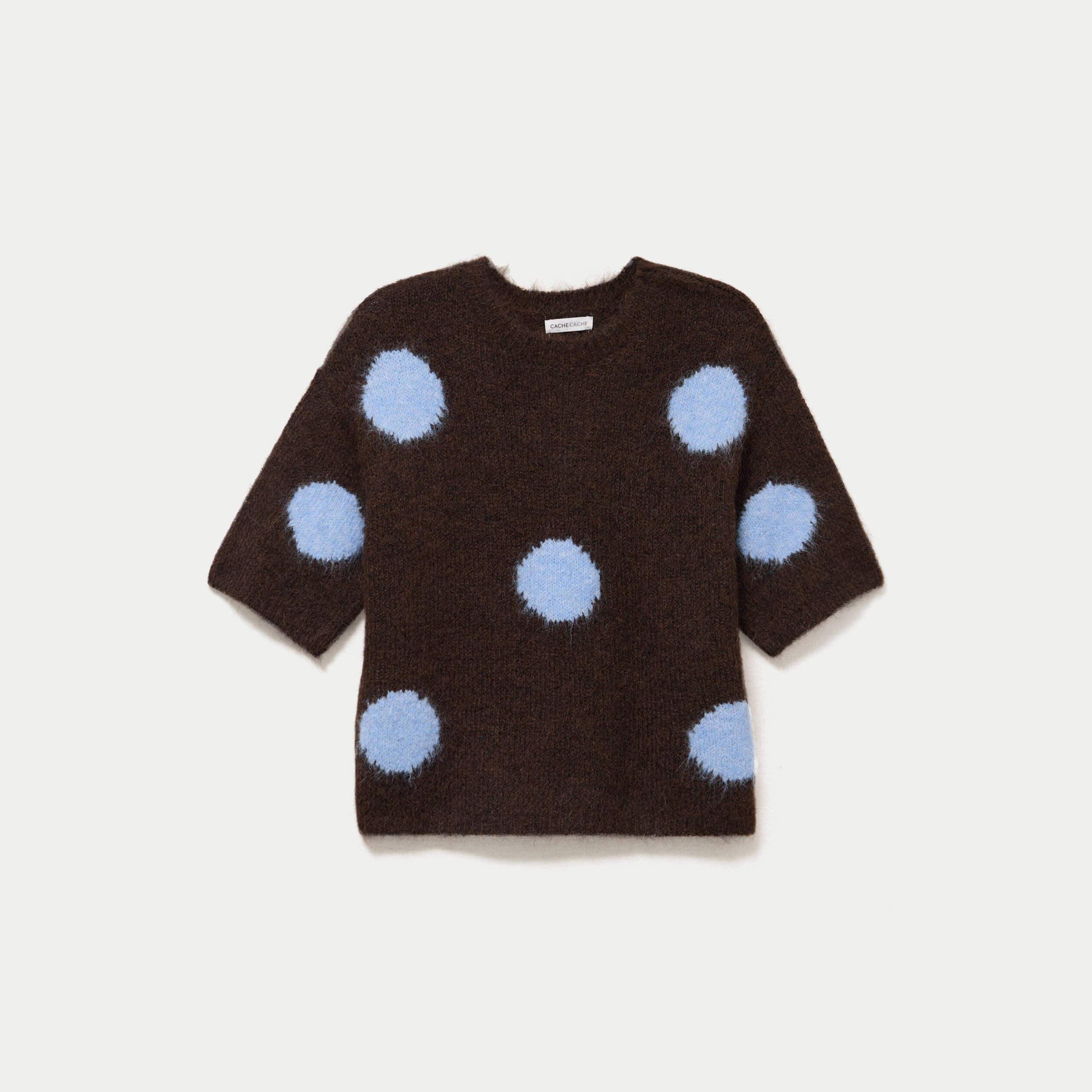 Pull col rond manches courtes marron fonc&eacute; femme
