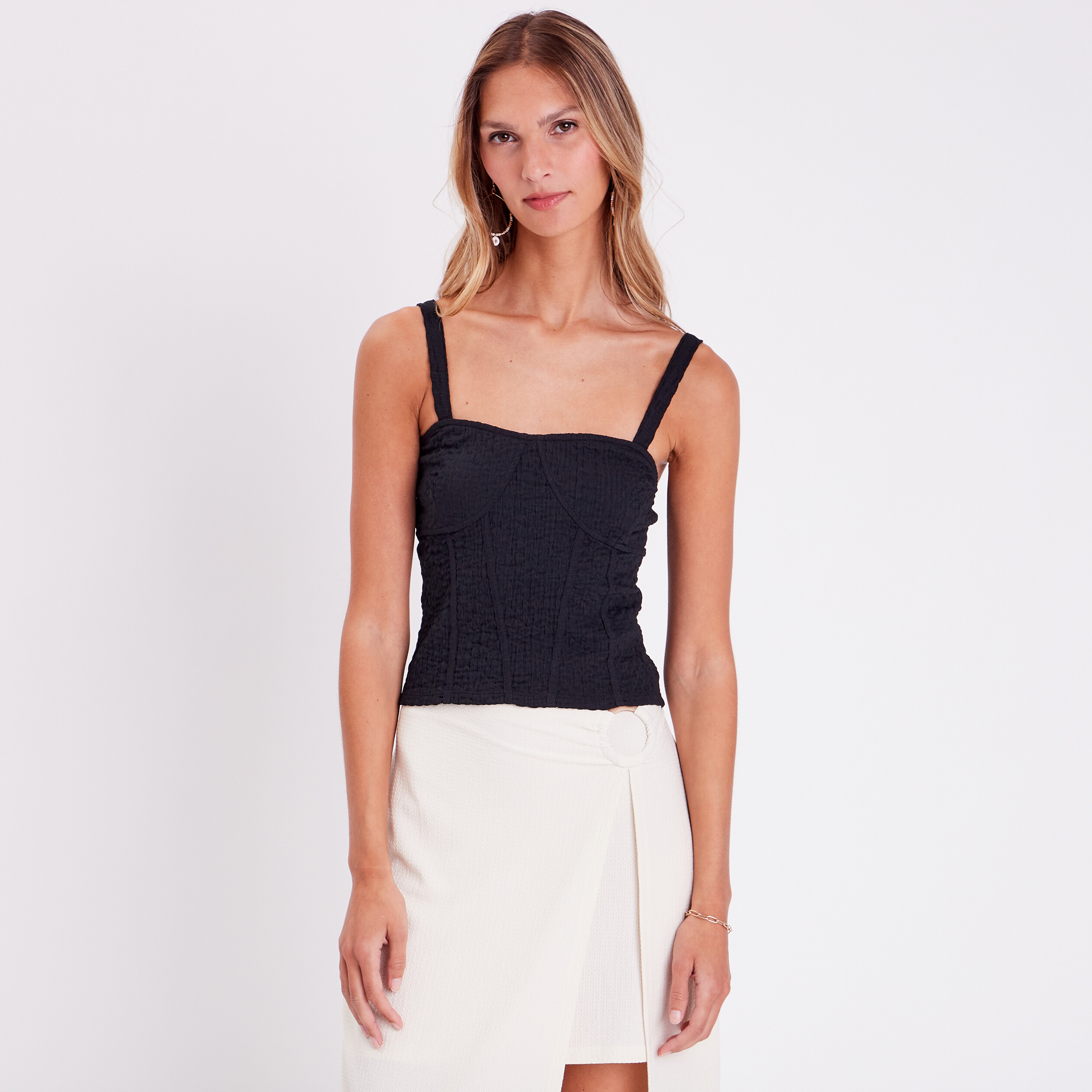 debardeur bustier gauffre noir femme Débardeur bustier gauffré noir femme