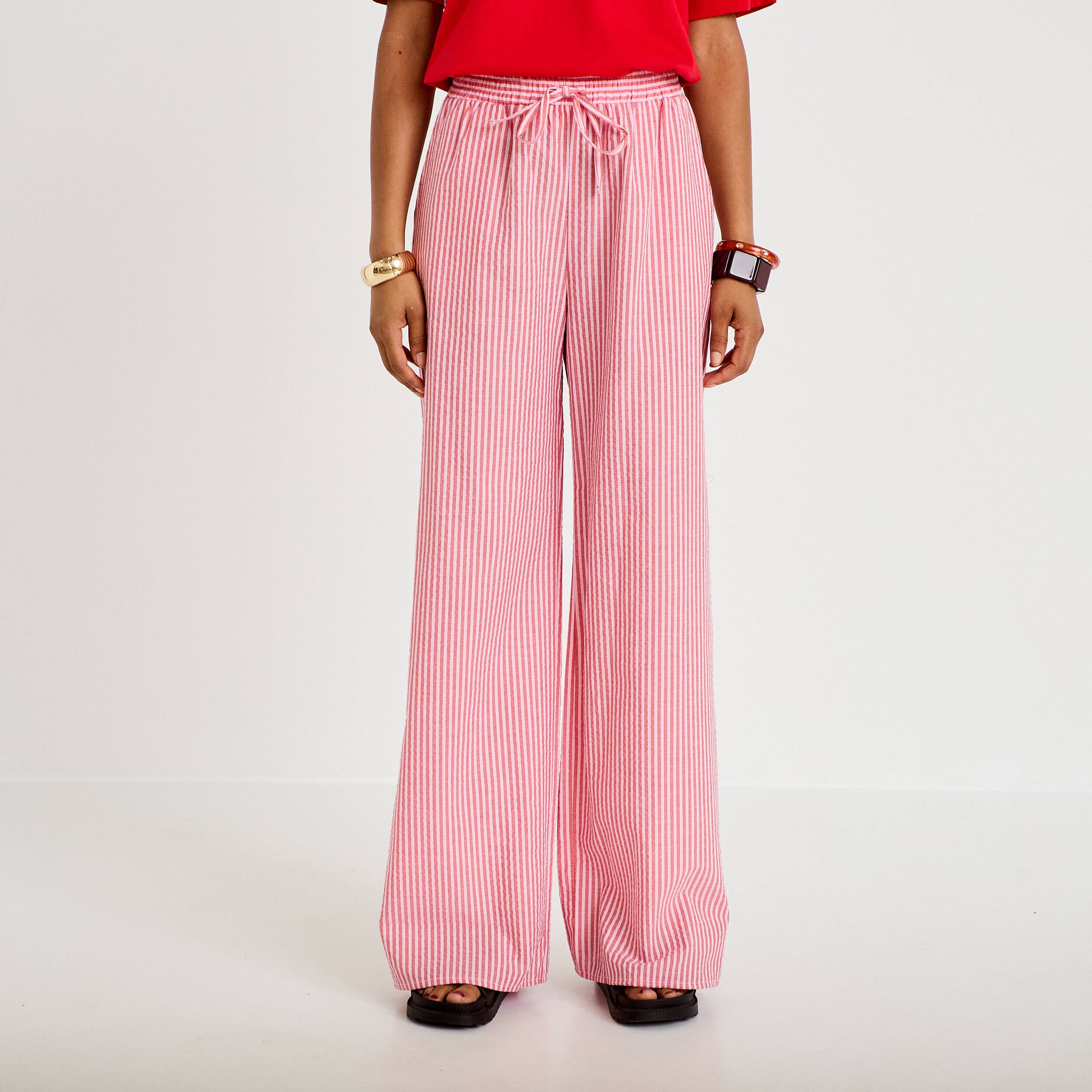 Pantalon large taille haute rouge femme