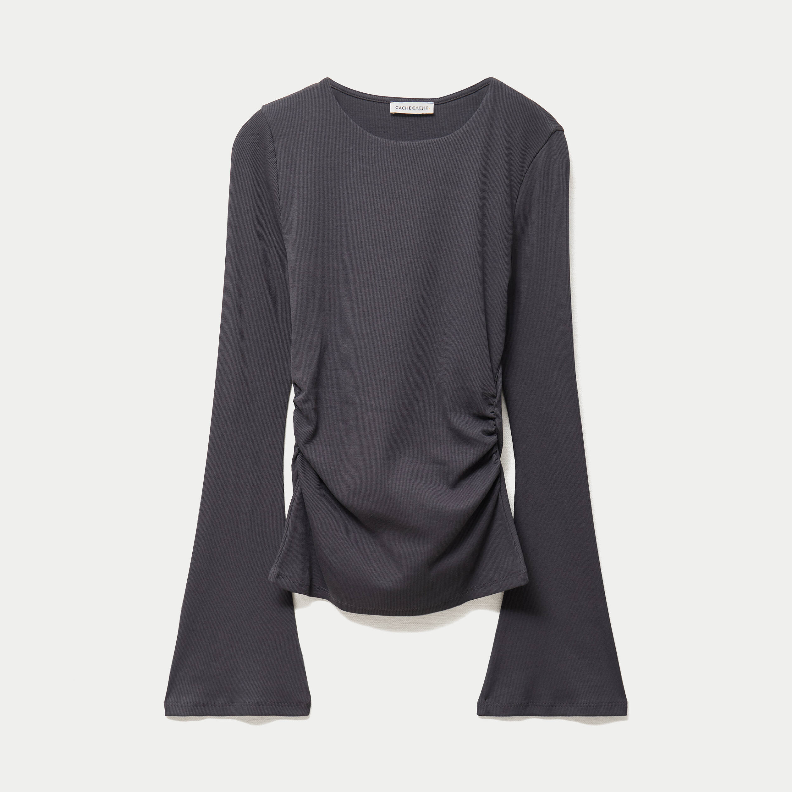 T-shirt ajust&eacute; col rond manches longues gris fonc&eacute; femme