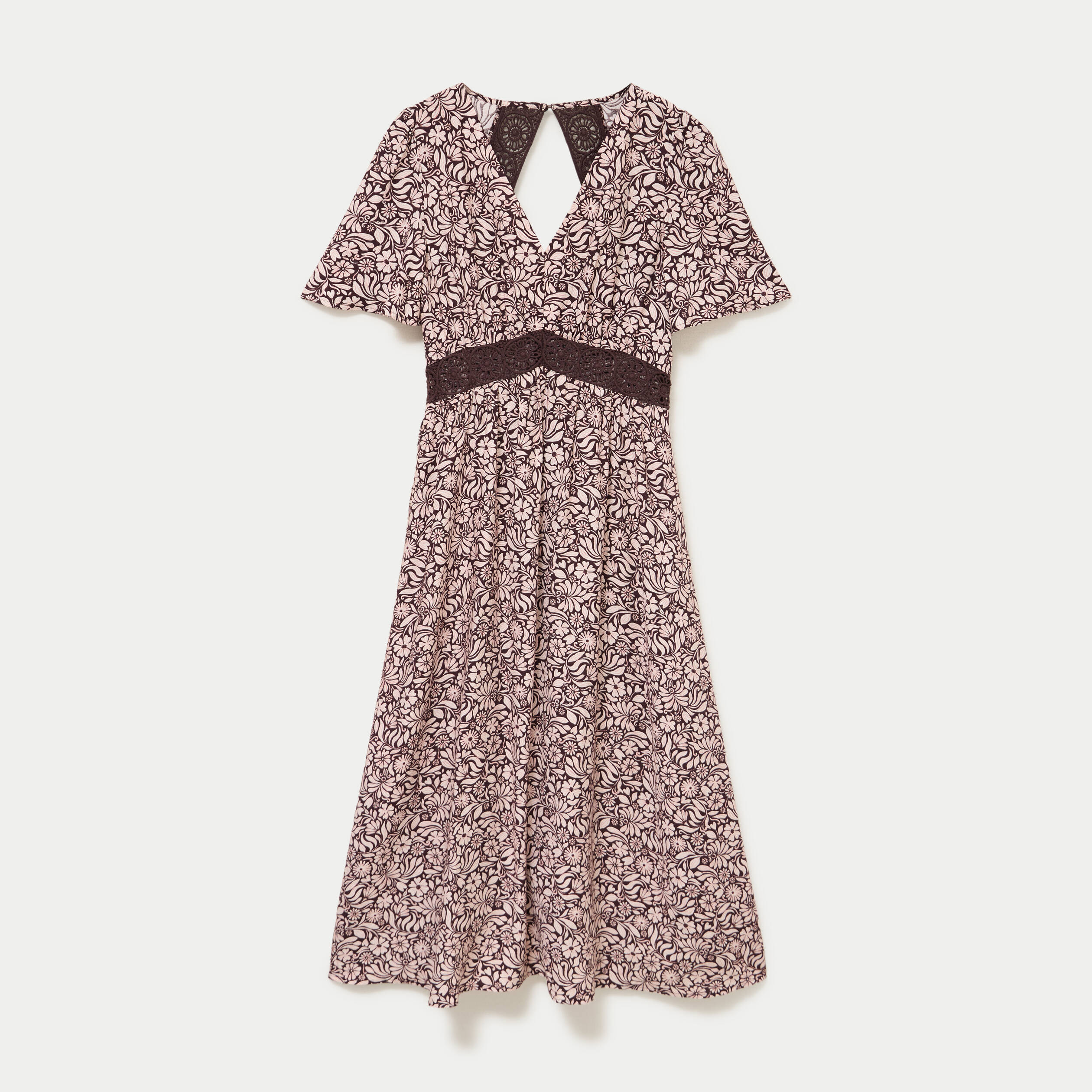 Robe longue &eacute;vas&eacute;e col v manches courtes marron femme