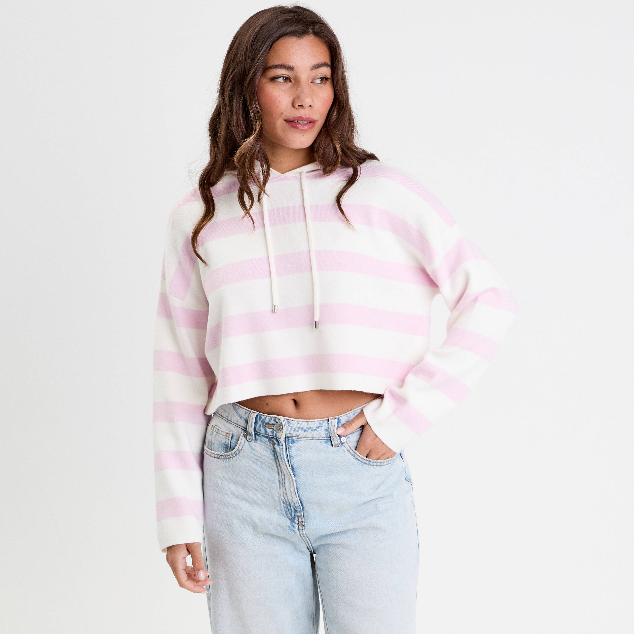 pull a capuche manches longues rose poudree femme Pull à capuche manches longues rose poudrée femme