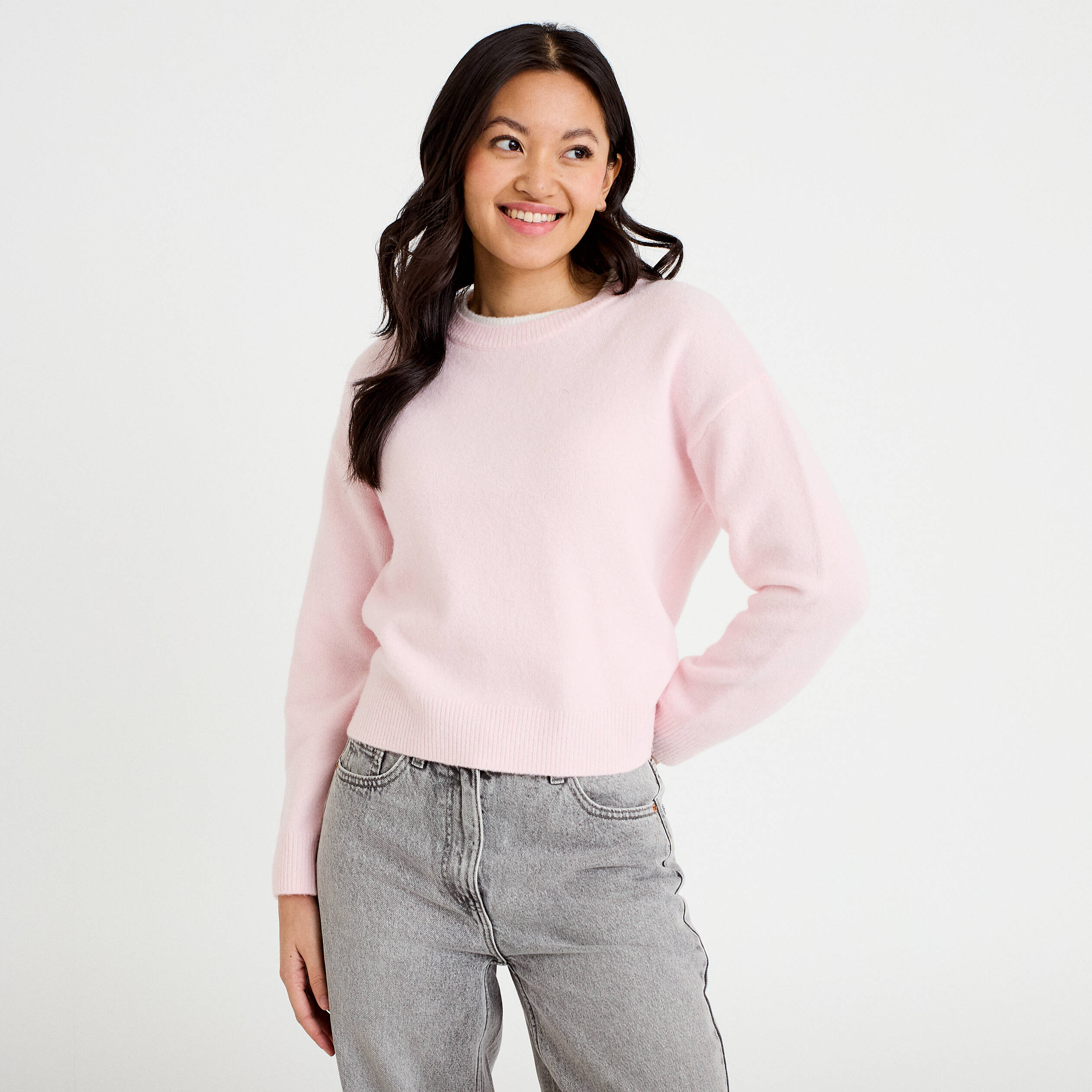 Pull col rond manches longues rose clair femme