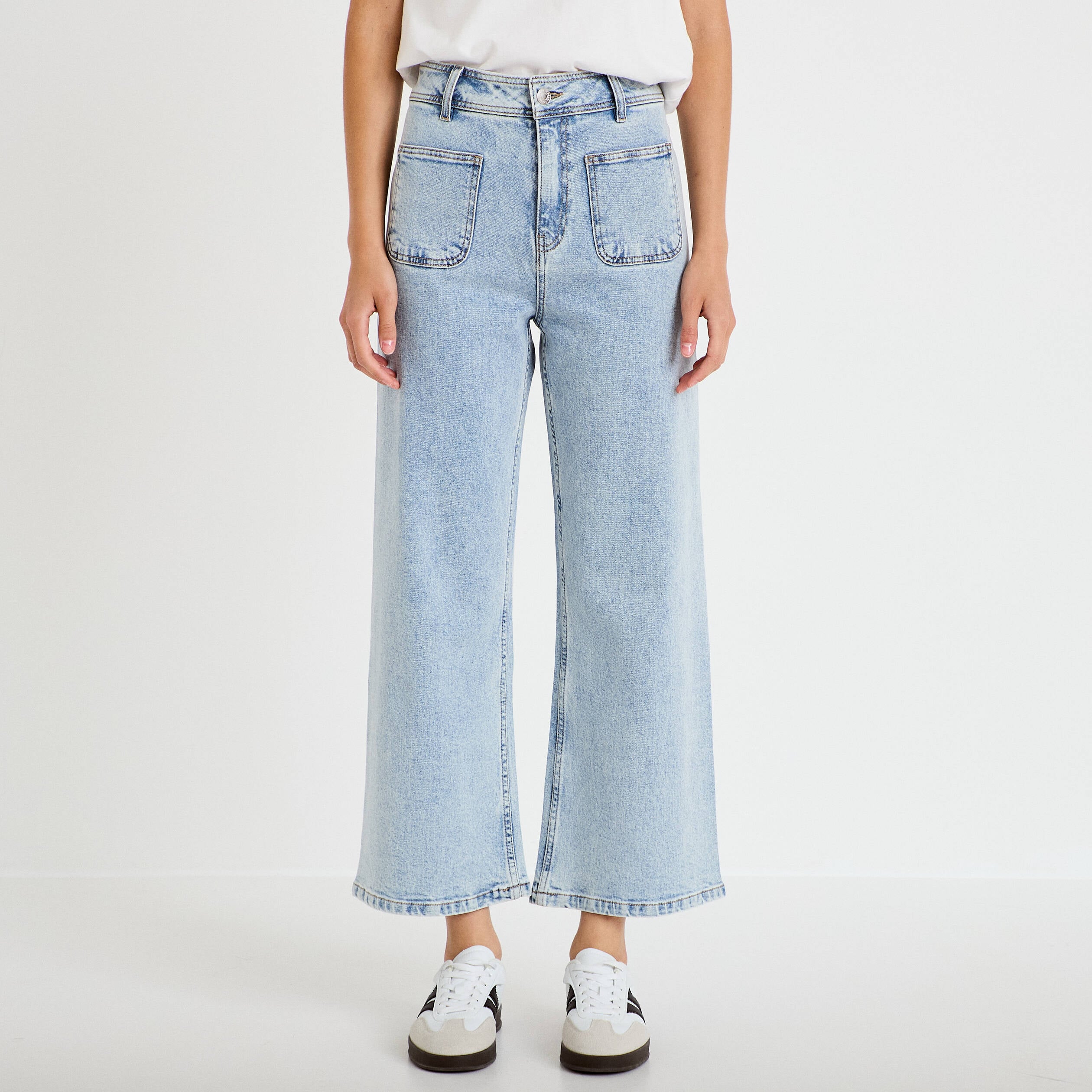 Jean wide leg cropped taille haute denim triple stone femme