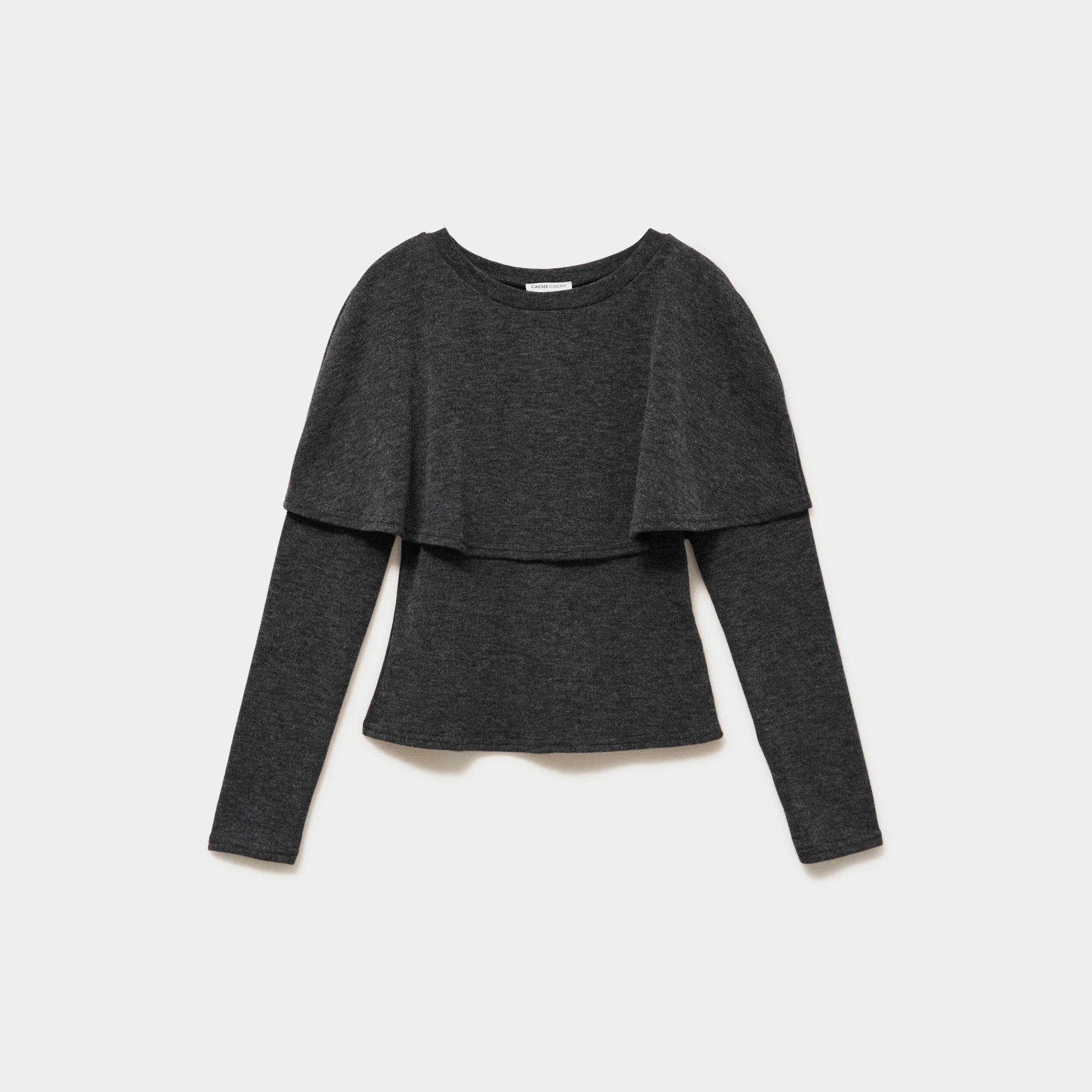 Pull cape col rond manches longues gris fonc&eacute; femme