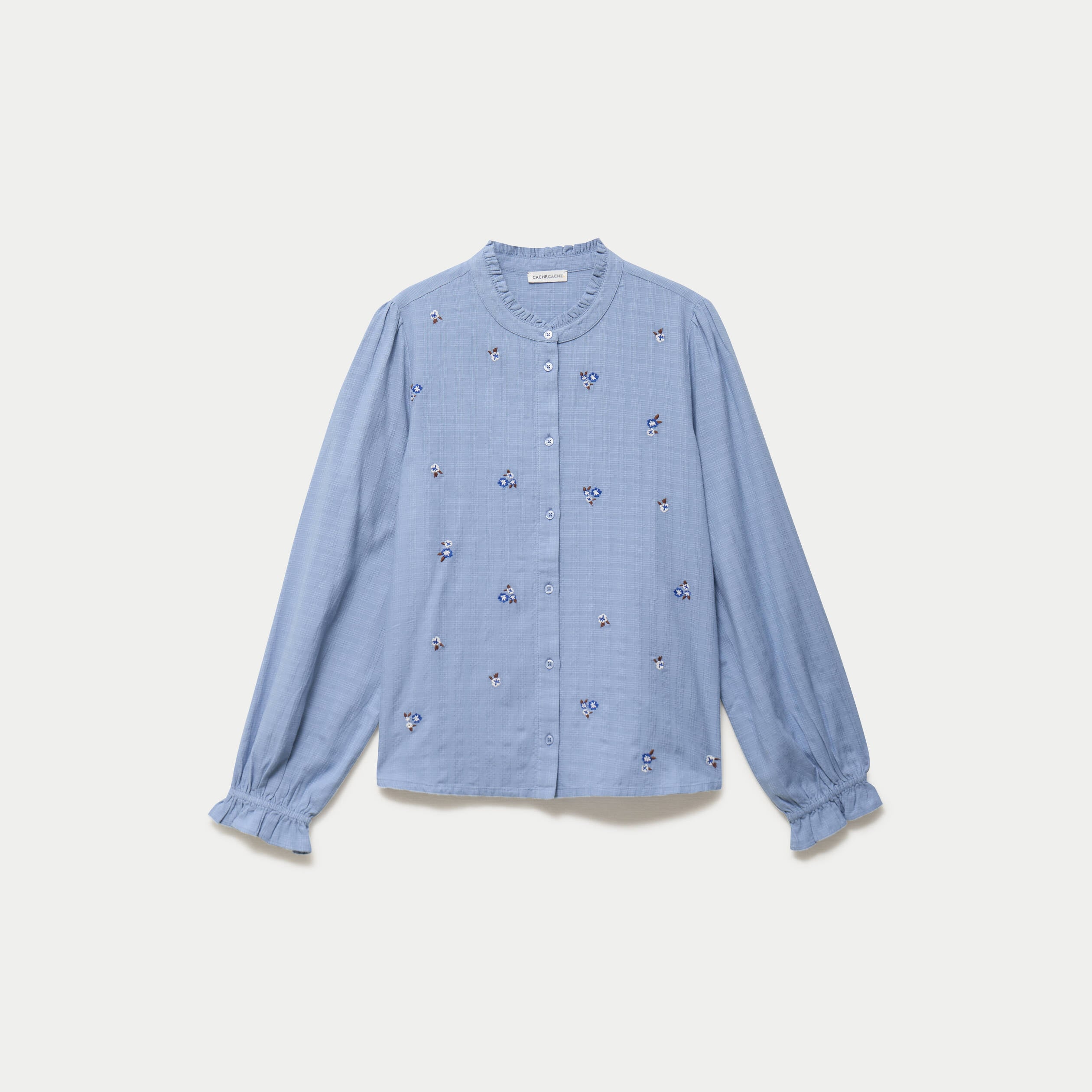 Blouse droite courte col v broderie bleu femme